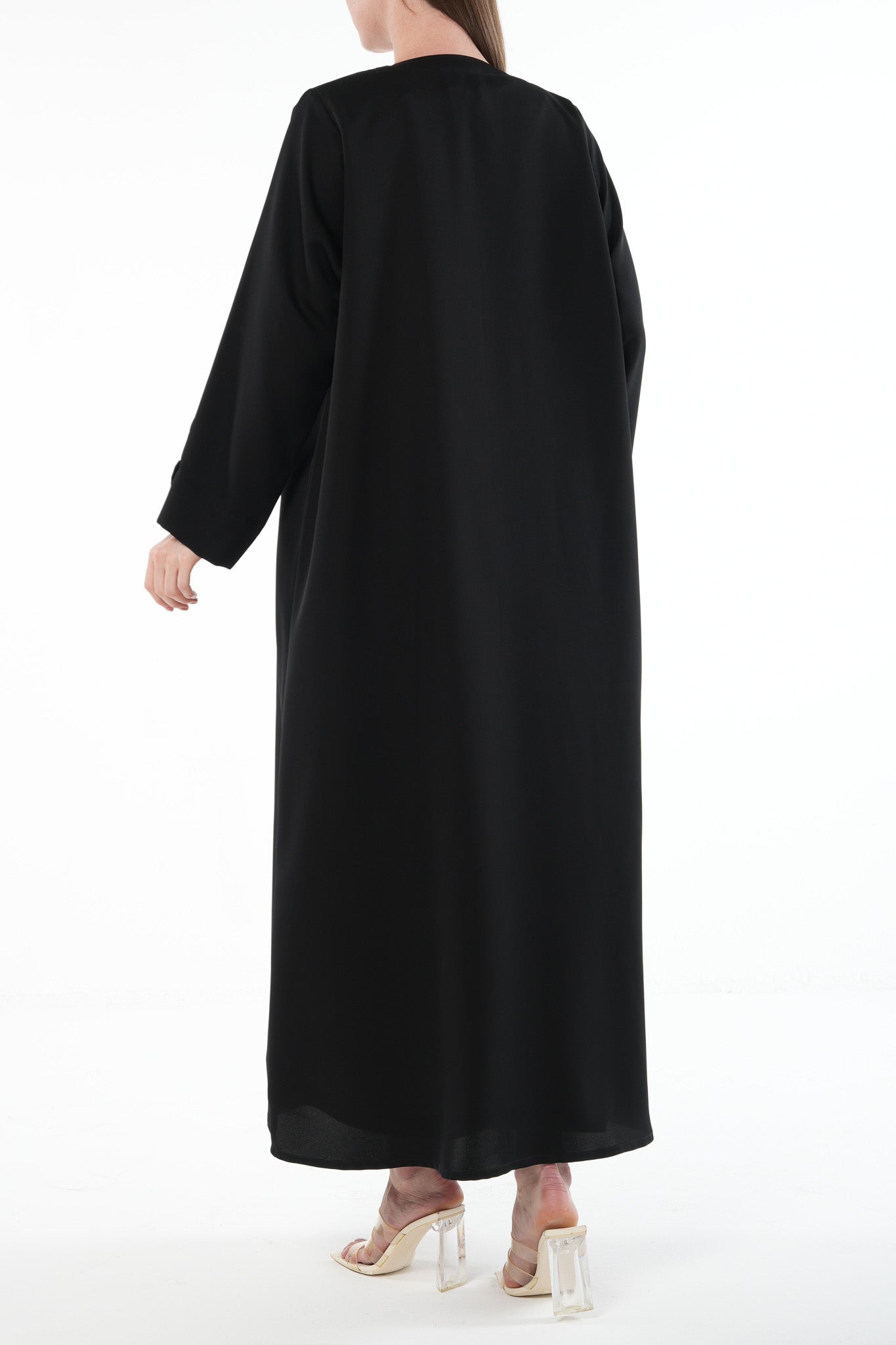 Black Emarati Crepe Abaya with Overlap and Leaf Embellishment - Posh Abaya