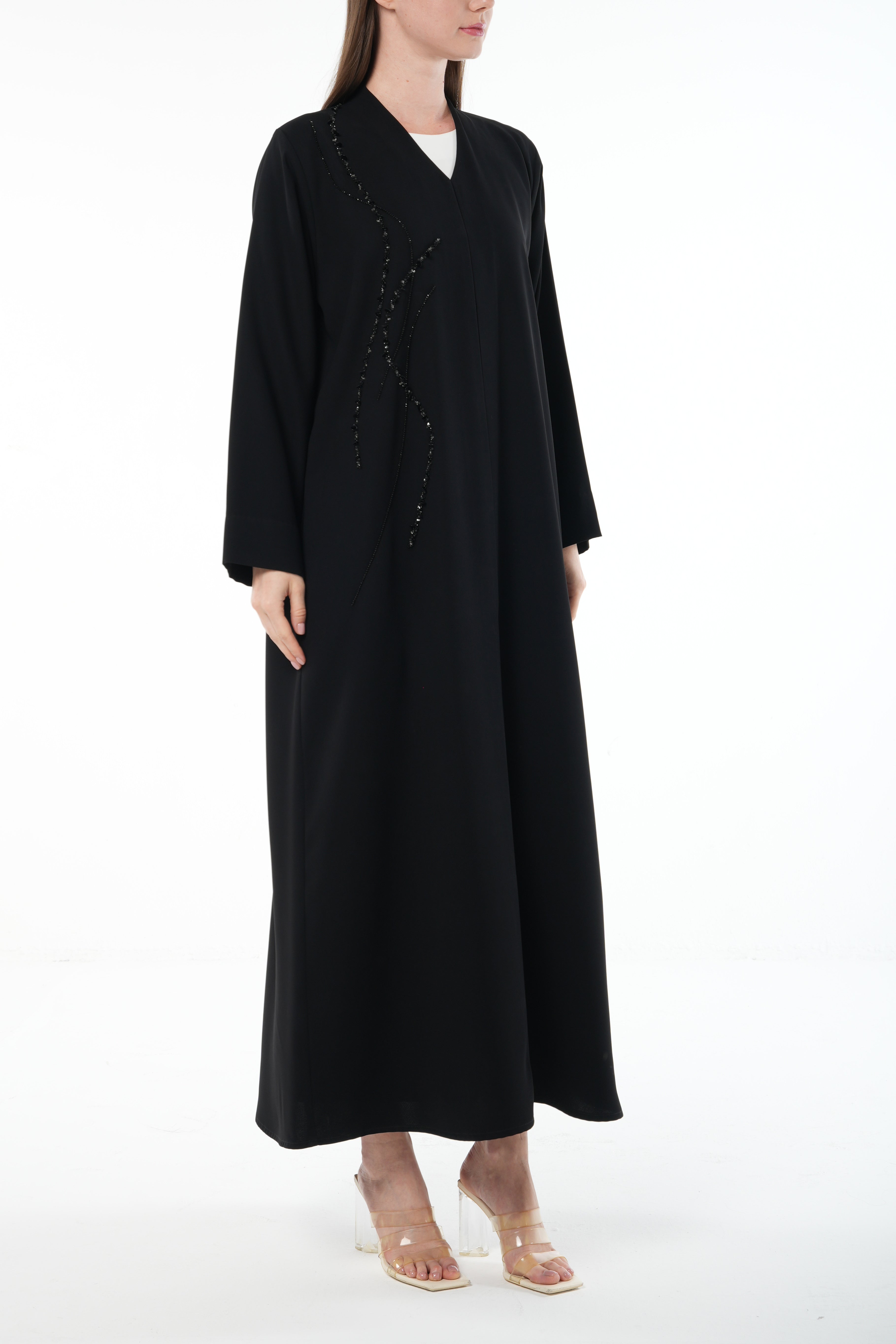 Black Farah Crepe Abaya with Front Multi-Line Beadwork and V-Neck Finish - Posh Abaya
