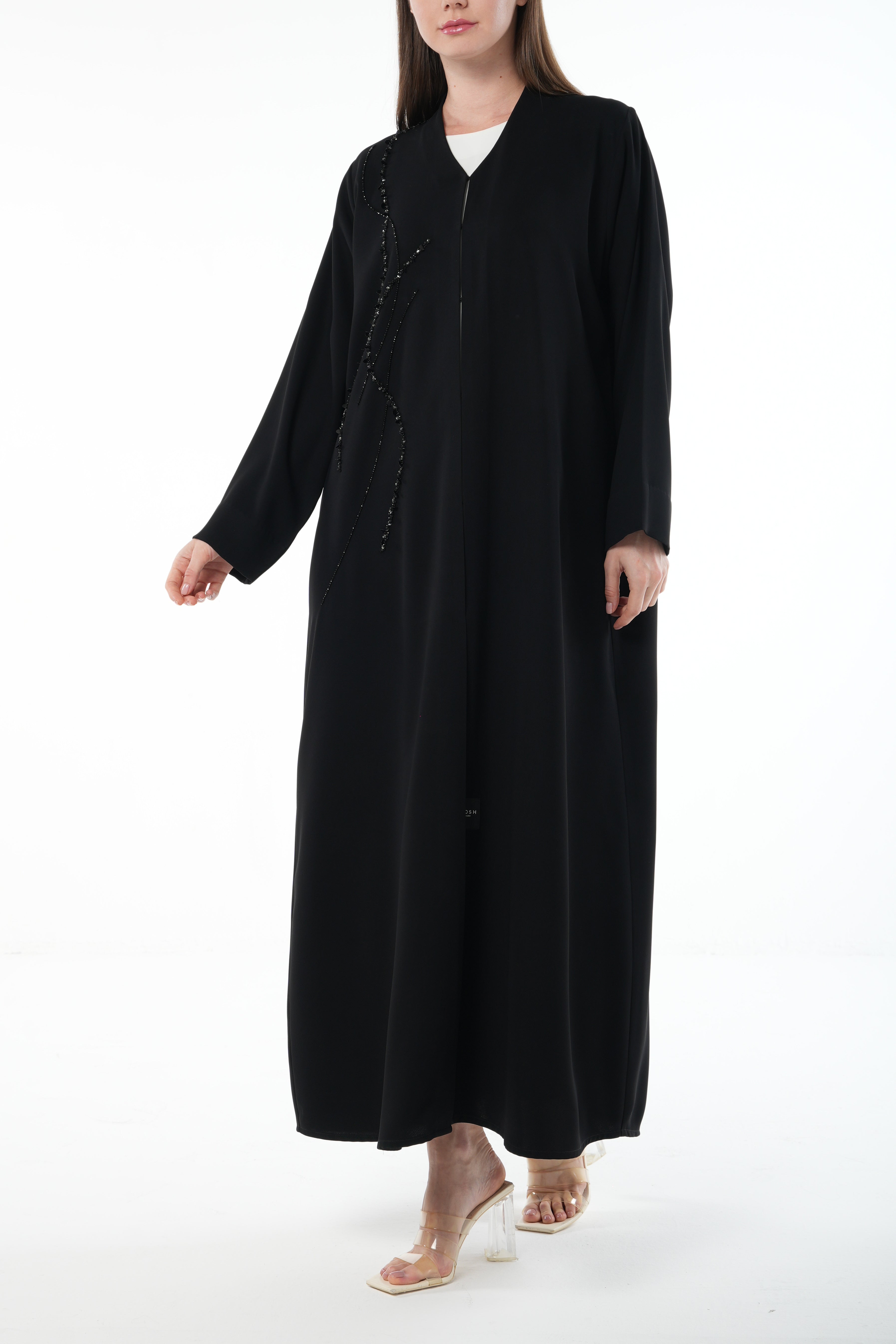 Black Farah Crepe Abaya with Front Multi-Line Beadwork and V-Neck Finish - Posh Abaya