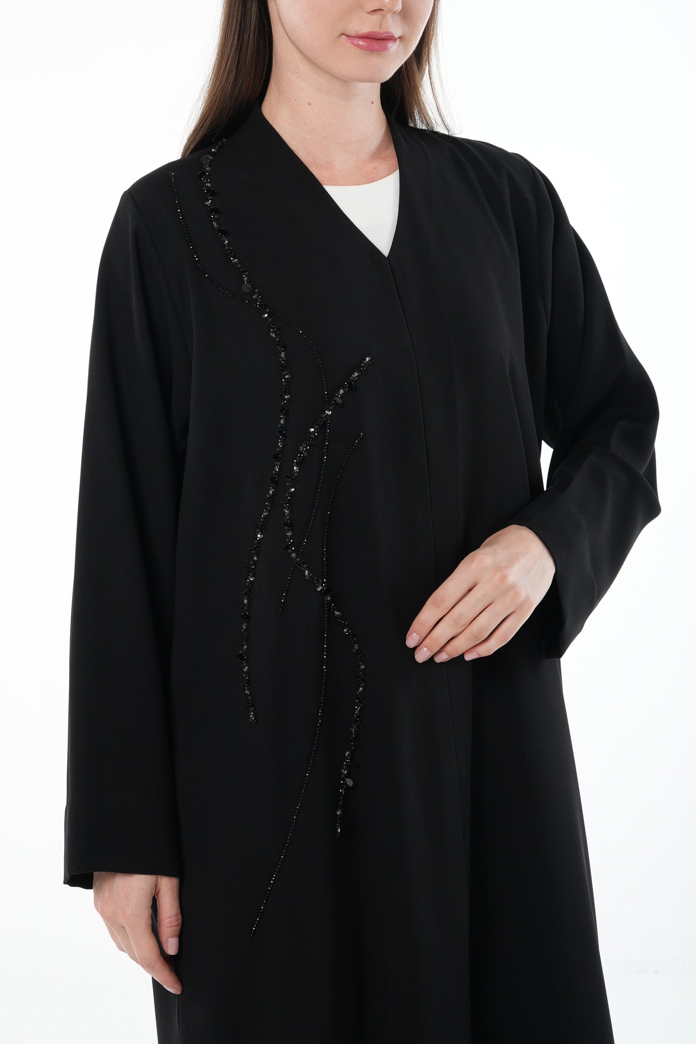 Black Farah Crepe Abaya with Front Multi-Line Beadwork and V-Neck Finish - Posh Abaya