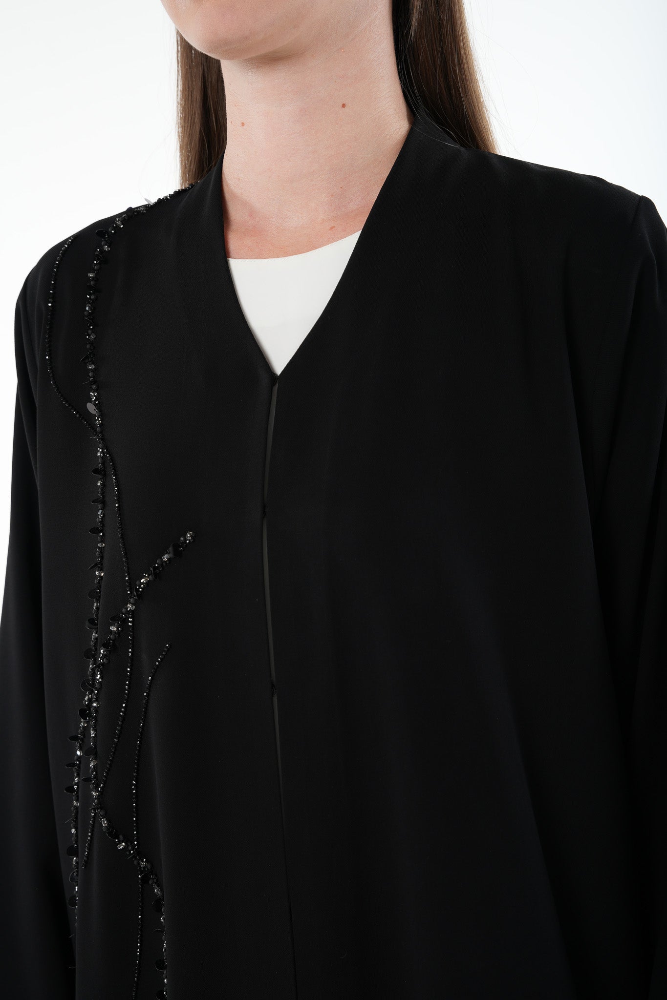 Black Farah Crepe Abaya with Front Multi-Line Beadwork and V-Neck Finish - Posh Abaya
