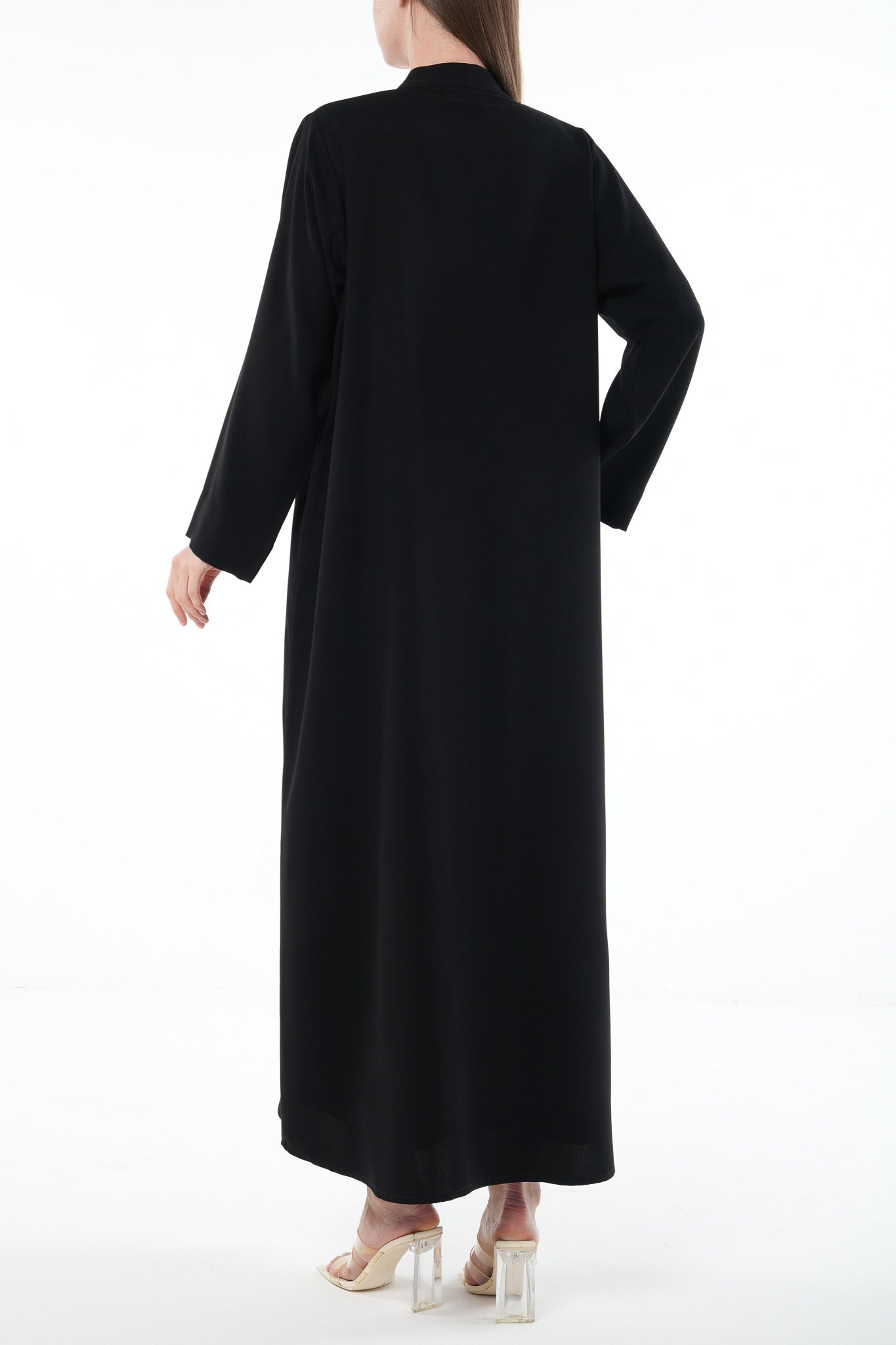 Black Farah Crepe Abaya with Front Multi-Line Beadwork and V-Neck Finish - Posh Abaya