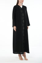 Black Farasha Crepe Abaya with Front Floral Linear Embroidery - Posh Abaya