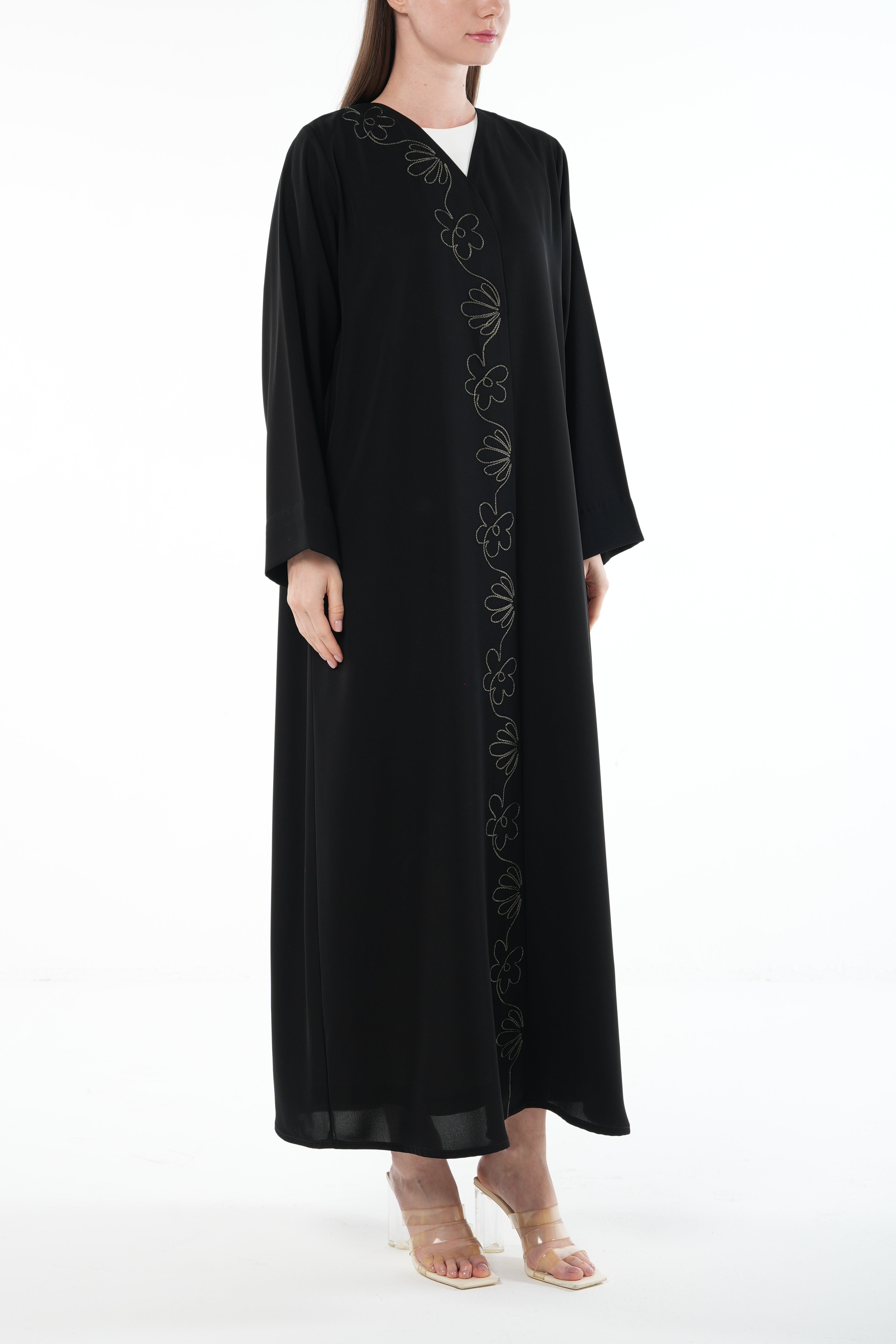 Black Farasha Crepe Abaya with Front Floral Linear Embroidery - Posh Abaya