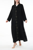 Black Farasha Crepe Abaya with Front Floral Linear Embroidery - Posh Abaya