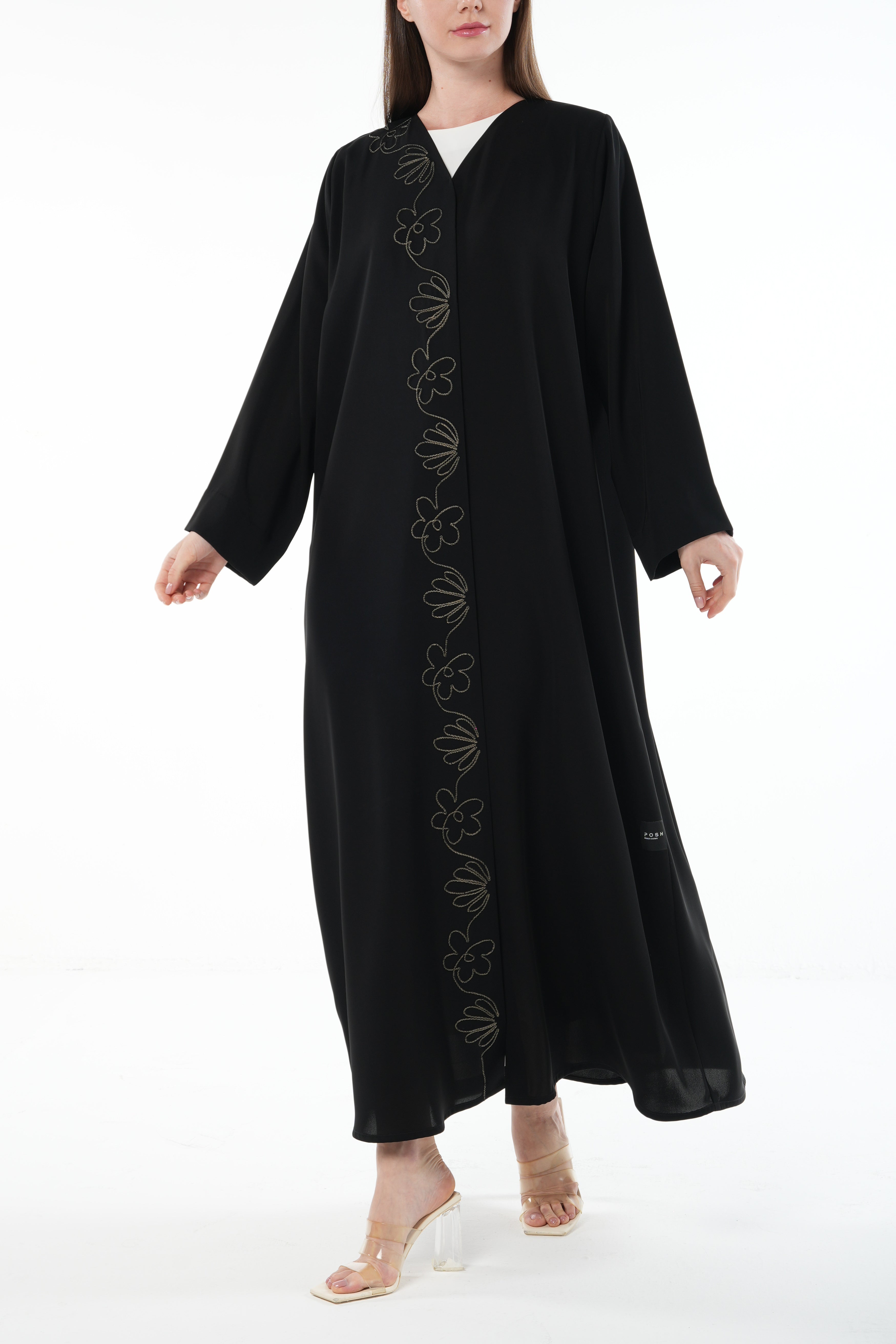 Black Farasha Crepe Abaya with Front Floral Linear Embroidery - Posh Abaya