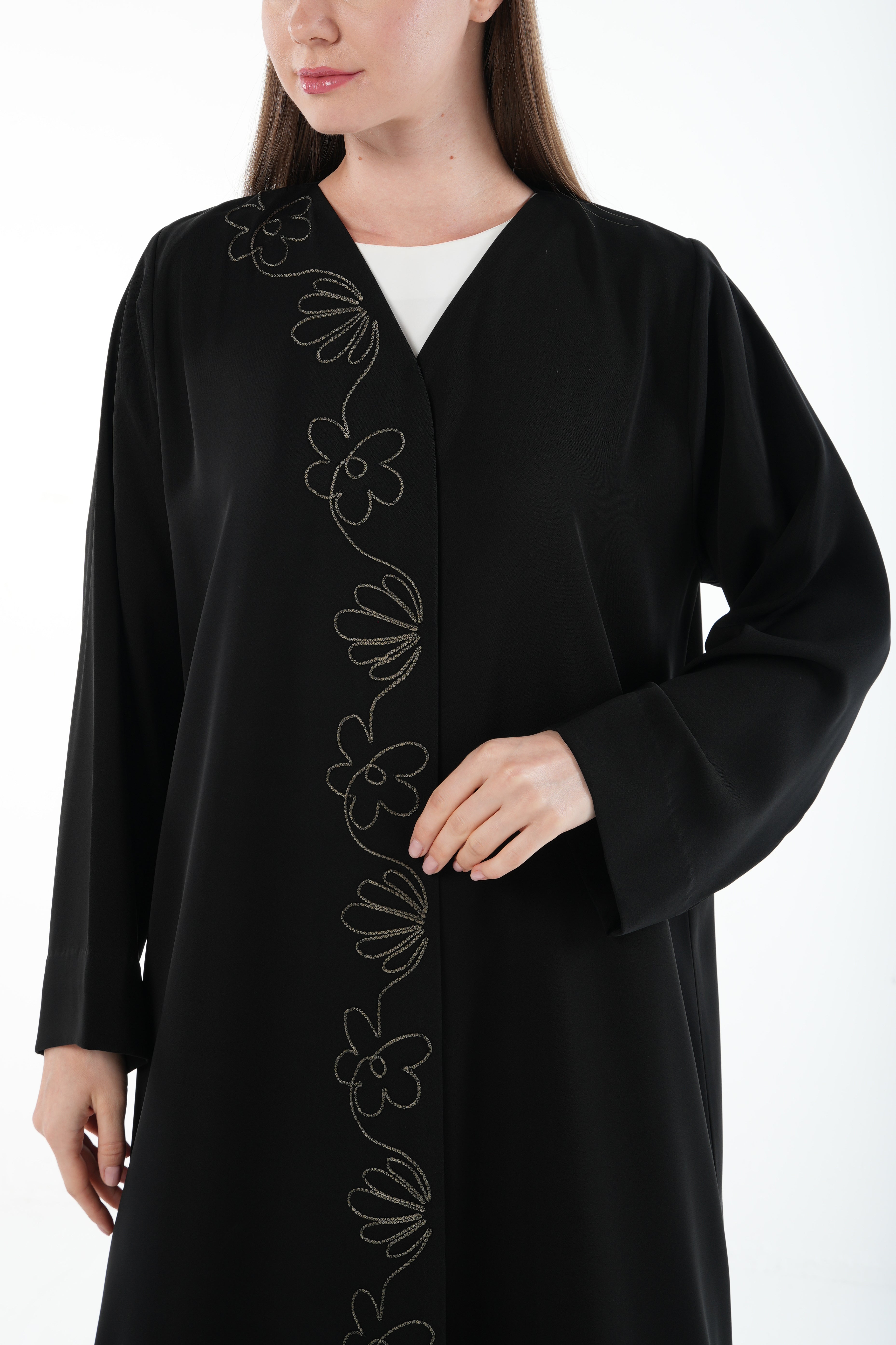 Black Farasha Crepe Abaya with Front Floral Linear Embroidery - Posh Abaya