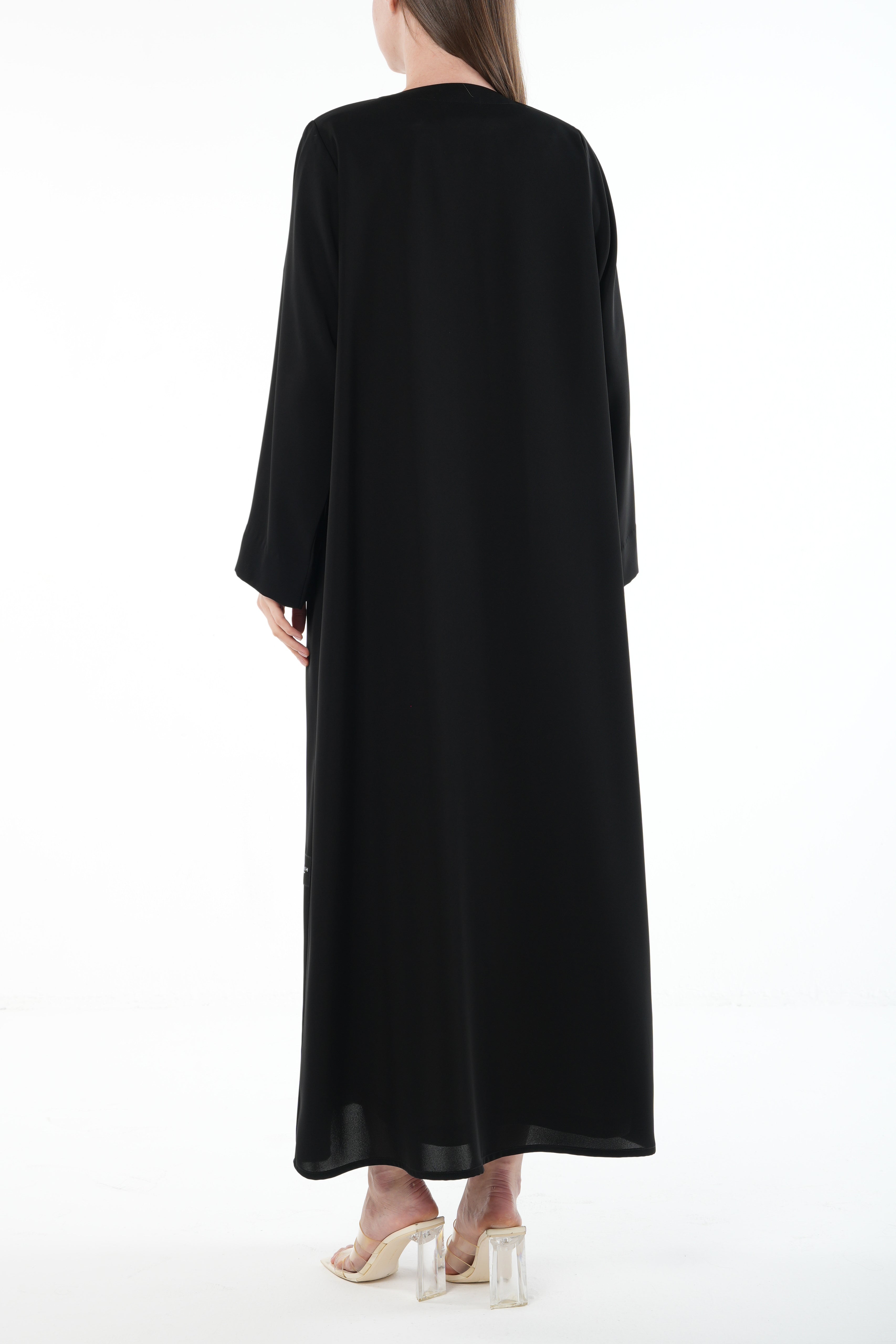 Black Farasha Crepe Abaya with Front Floral Linear Embroidery - Posh Abaya