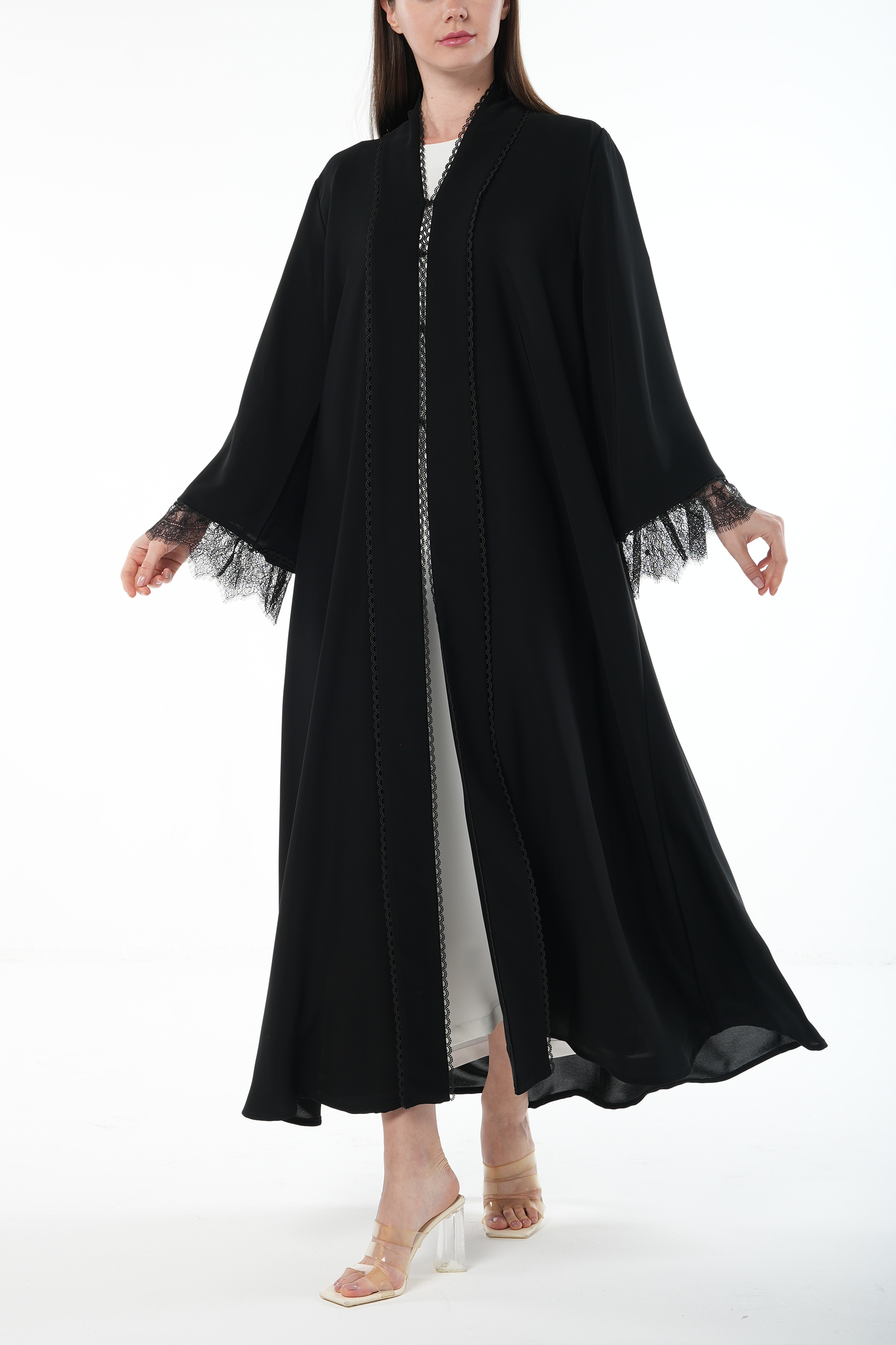 Black Malika Nada Abaya with Layered Sleeves and Lace Trim Detail - Posh Abaya