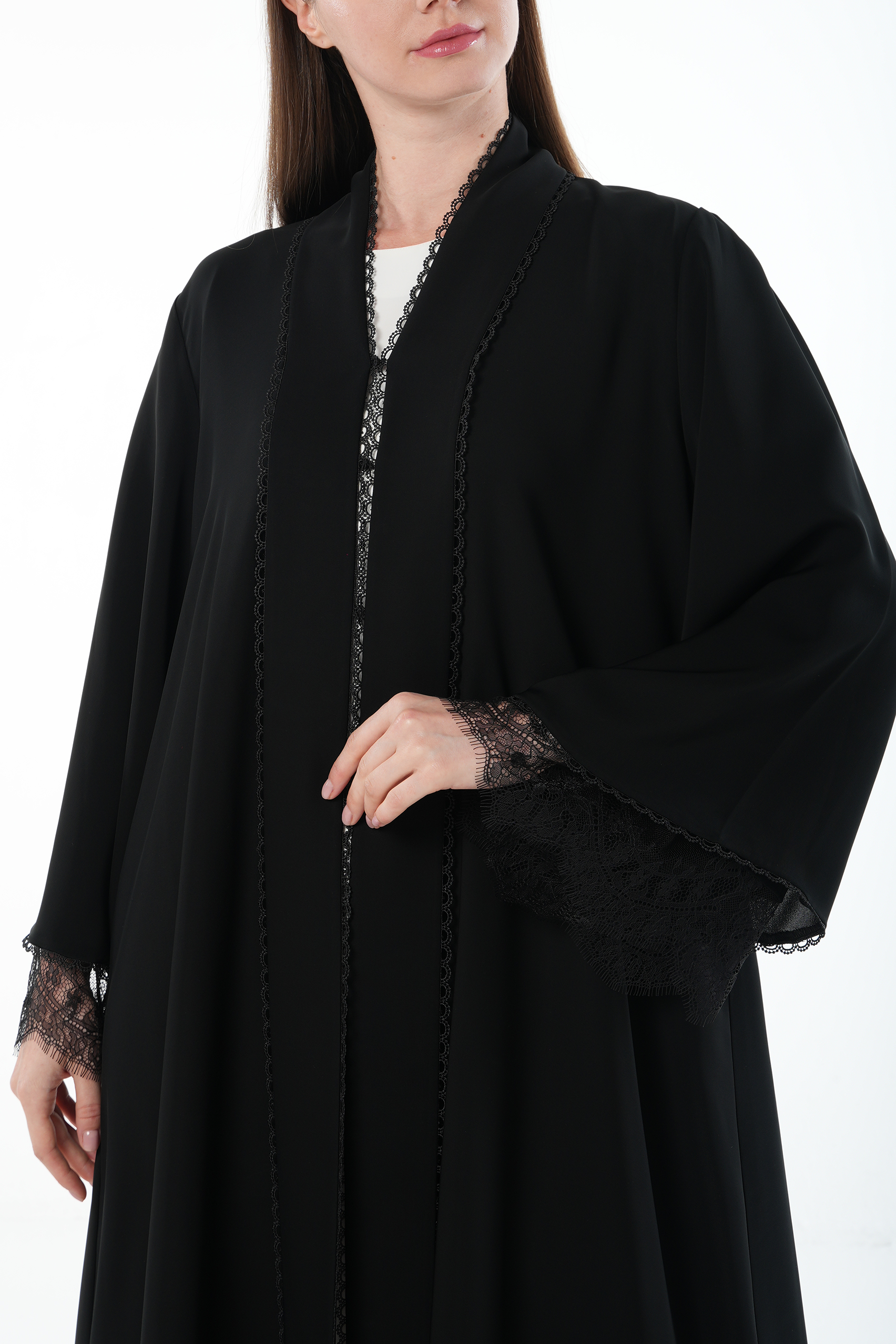 Black Malika Nada Abaya with Layered Sleeves and Lace Trim Detail - Posh Abaya