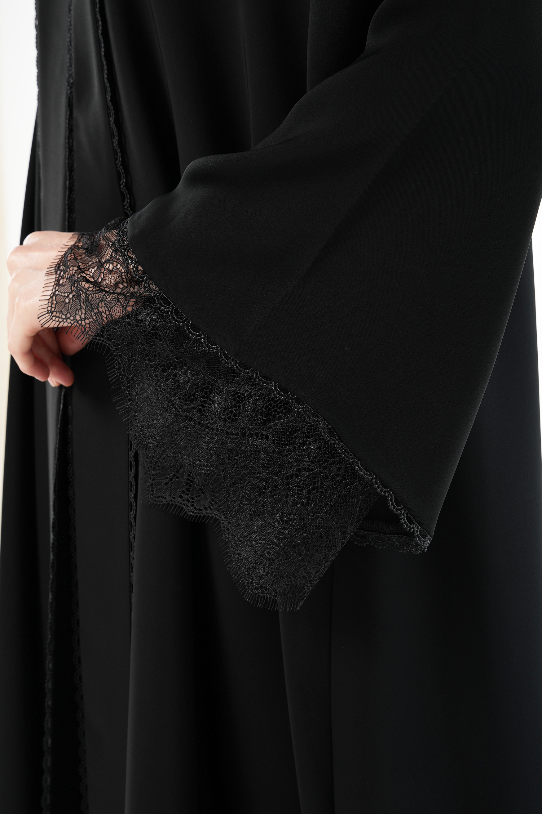 Black Malika Nada Abaya with Layered Sleeves and Lace Trim Detail - Posh Abaya