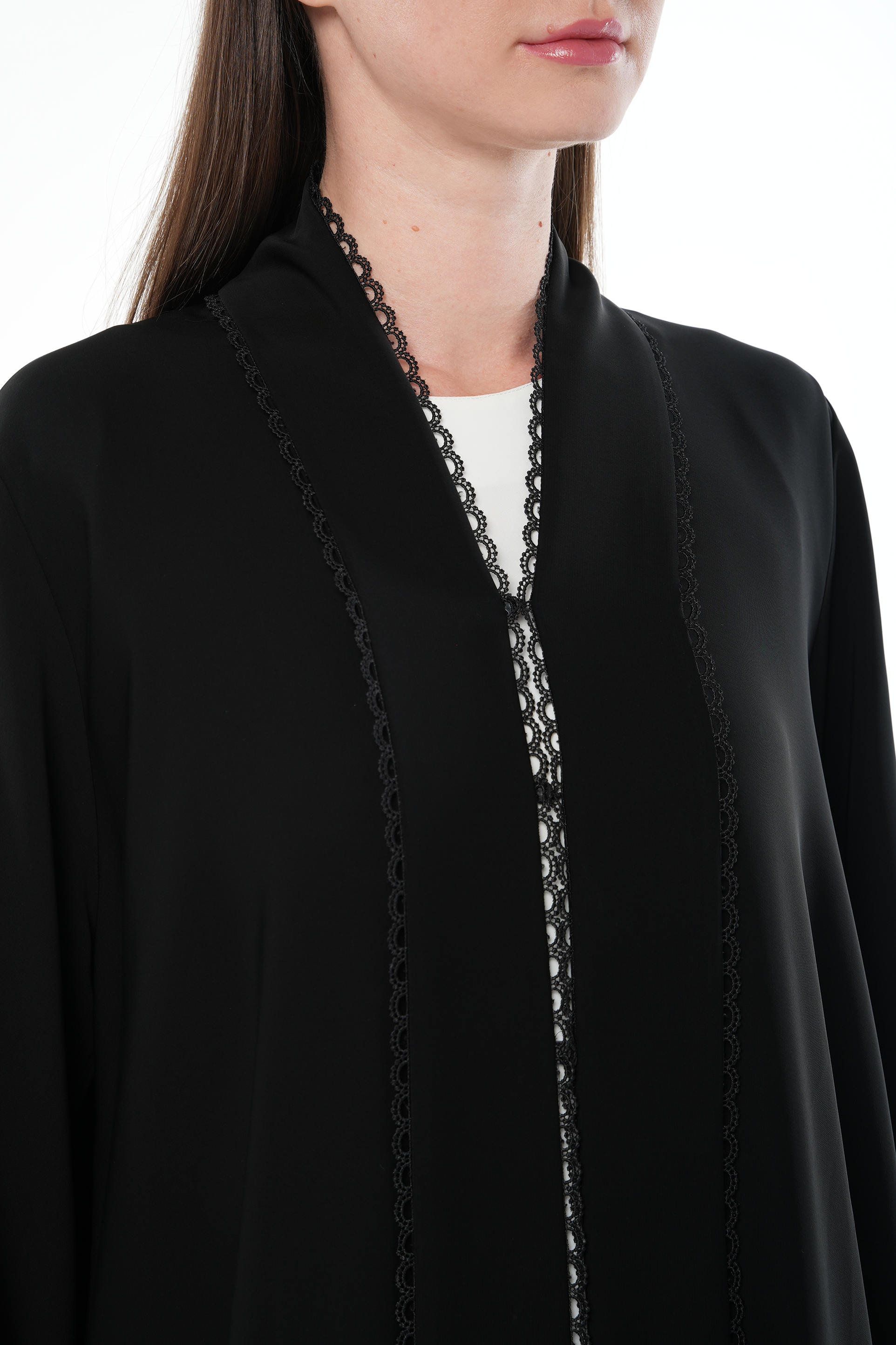 Black Malika Nada Abaya with Layered Sleeves and Lace Trim Detail - Posh Abaya