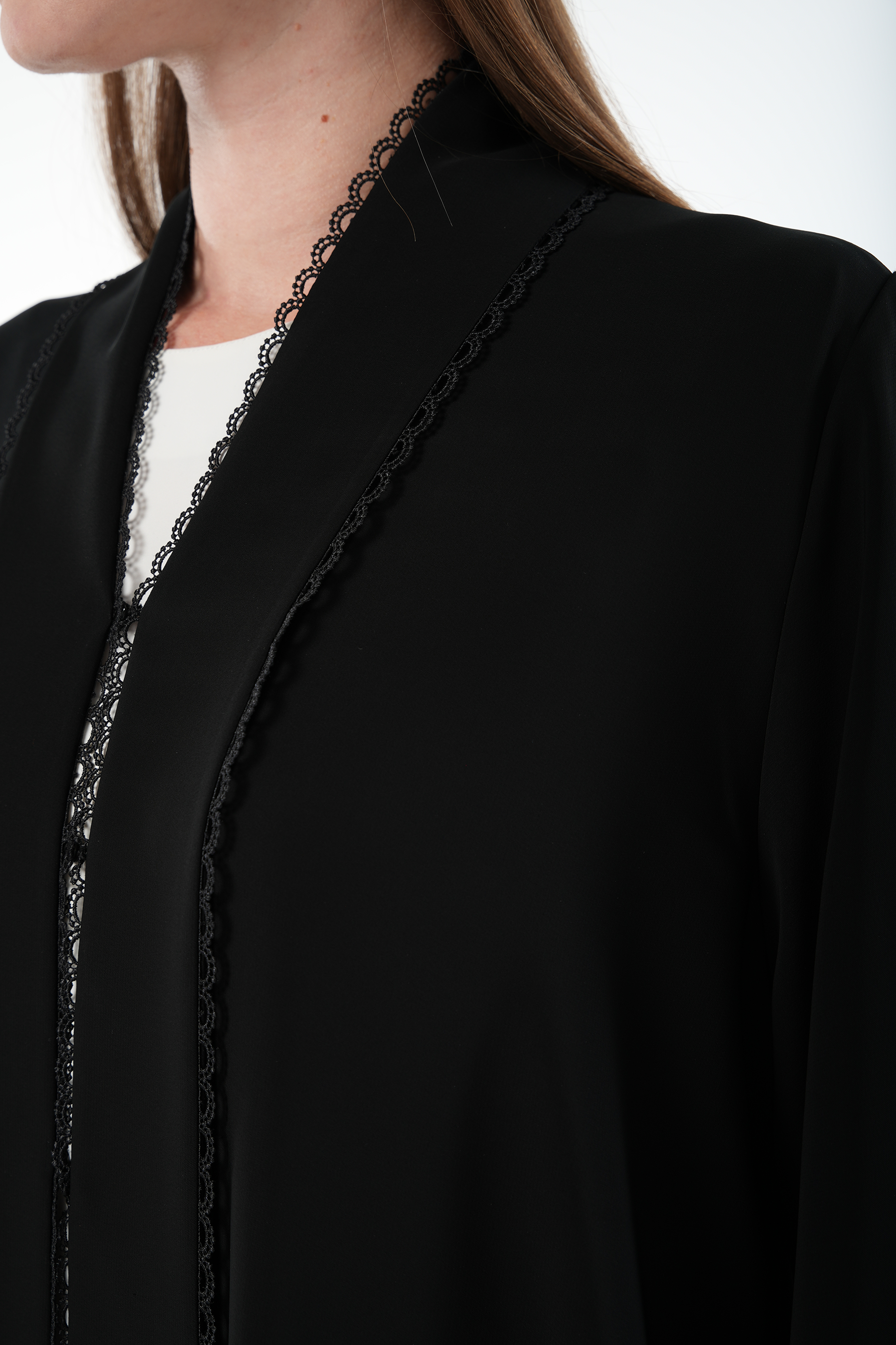 Black Malika Nada Abaya with Layered Sleeves and Lace Trim Detail - Posh Abaya