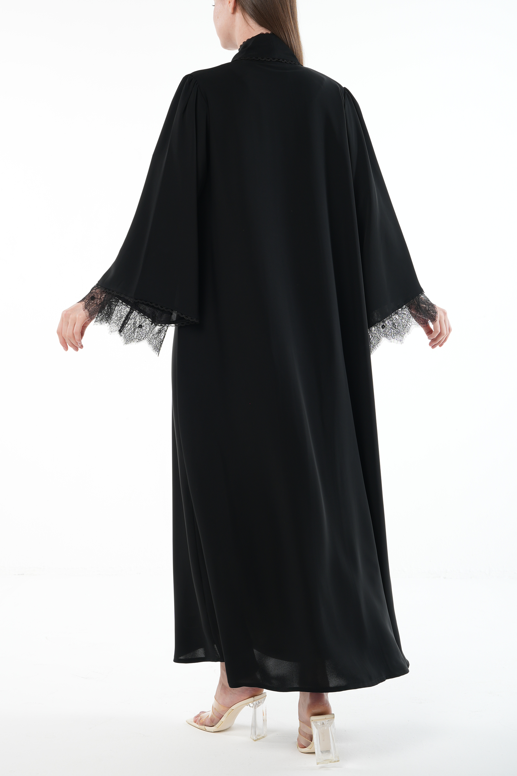 Black Malika Nada Abaya with Layered Sleeves and Lace Trim Detail - Posh Abaya