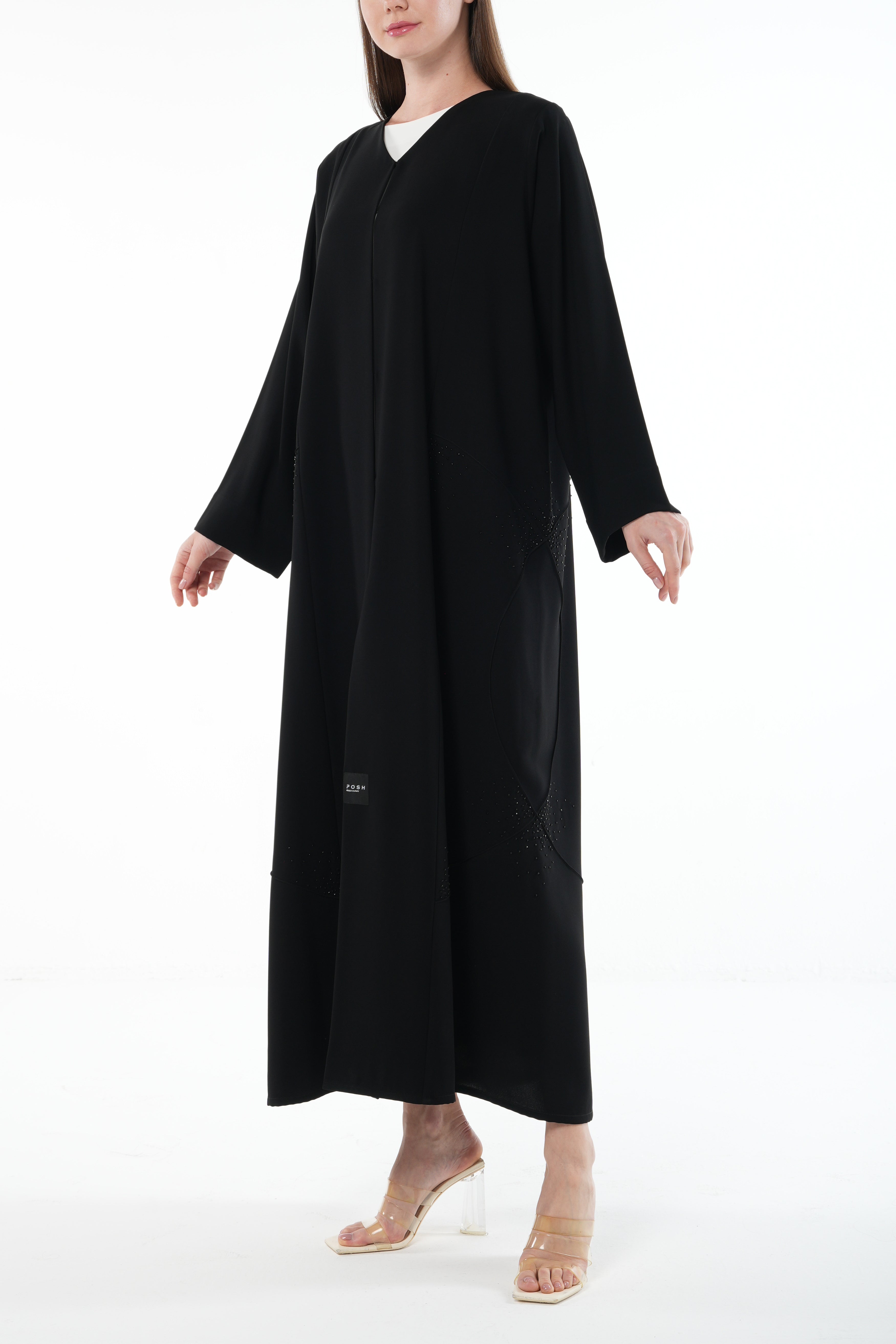 Black Naya Crepe Abaya with Side Bead Line and Hand Embellishment - Posh Abaya