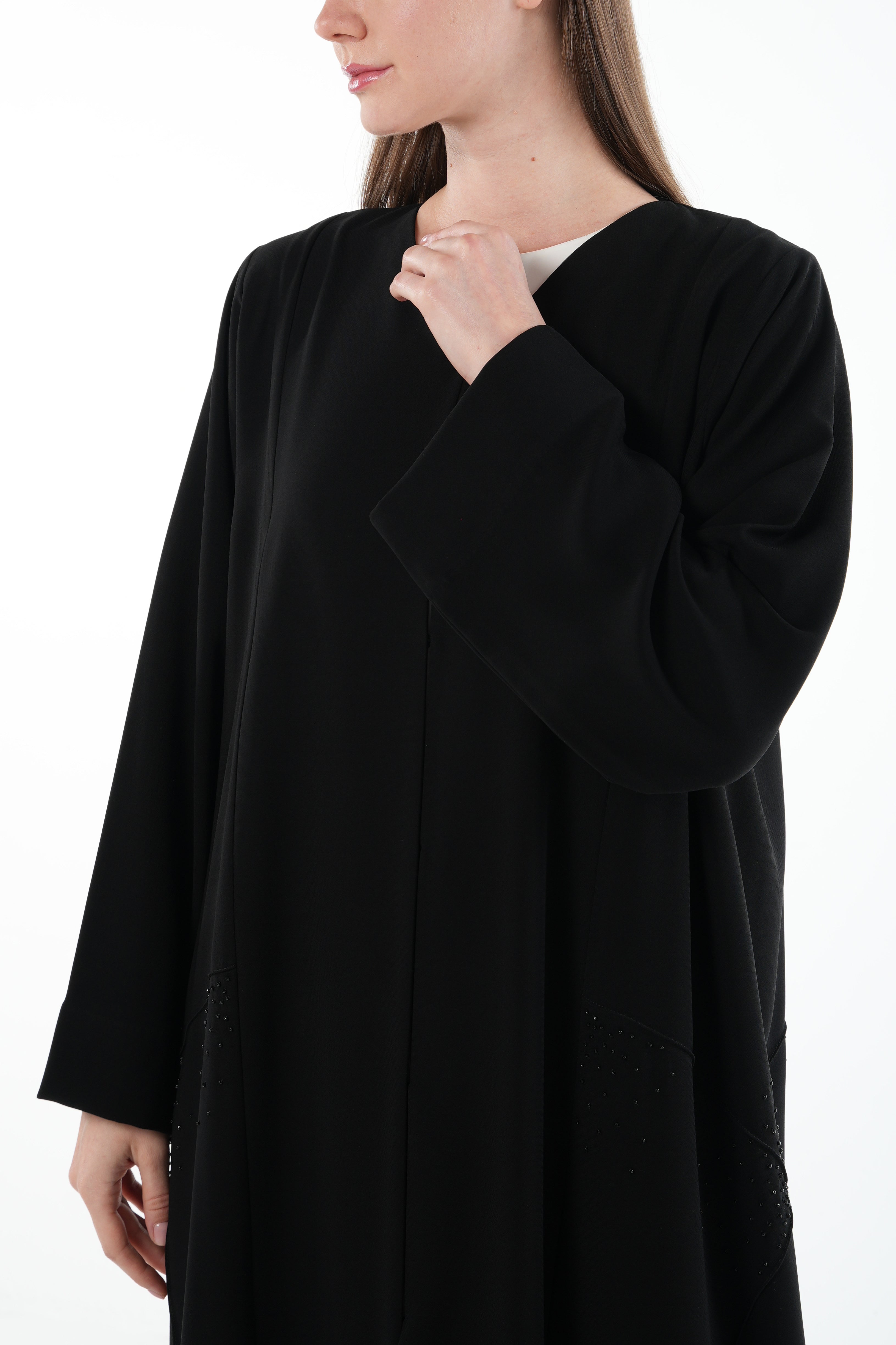 Black Naya Crepe Abaya with Side Bead Line and Hand Embellishment - Posh Abaya