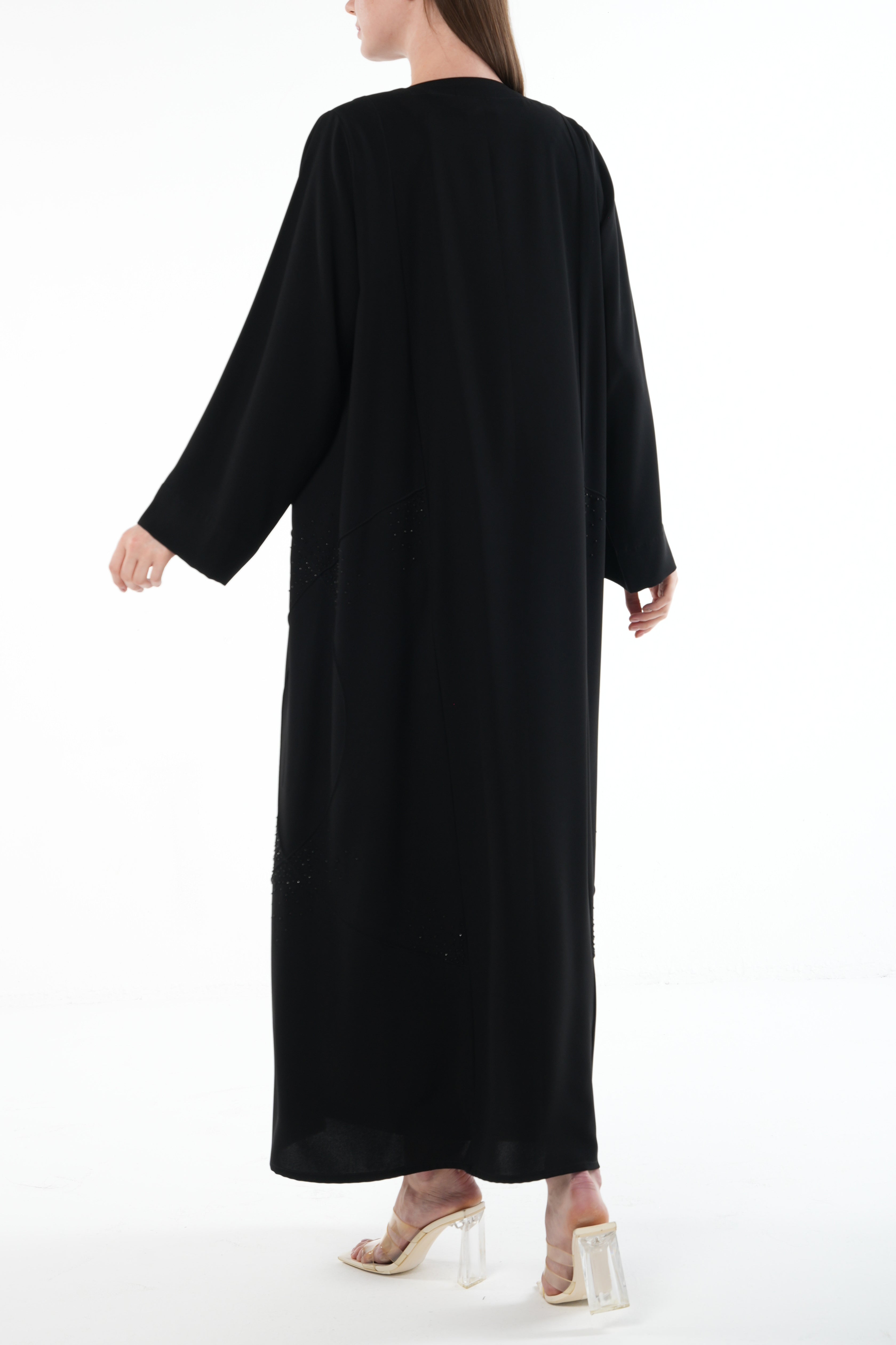 Black Naya Crepe Abaya with Side Bead Line and Hand Embellishment - Posh Abaya