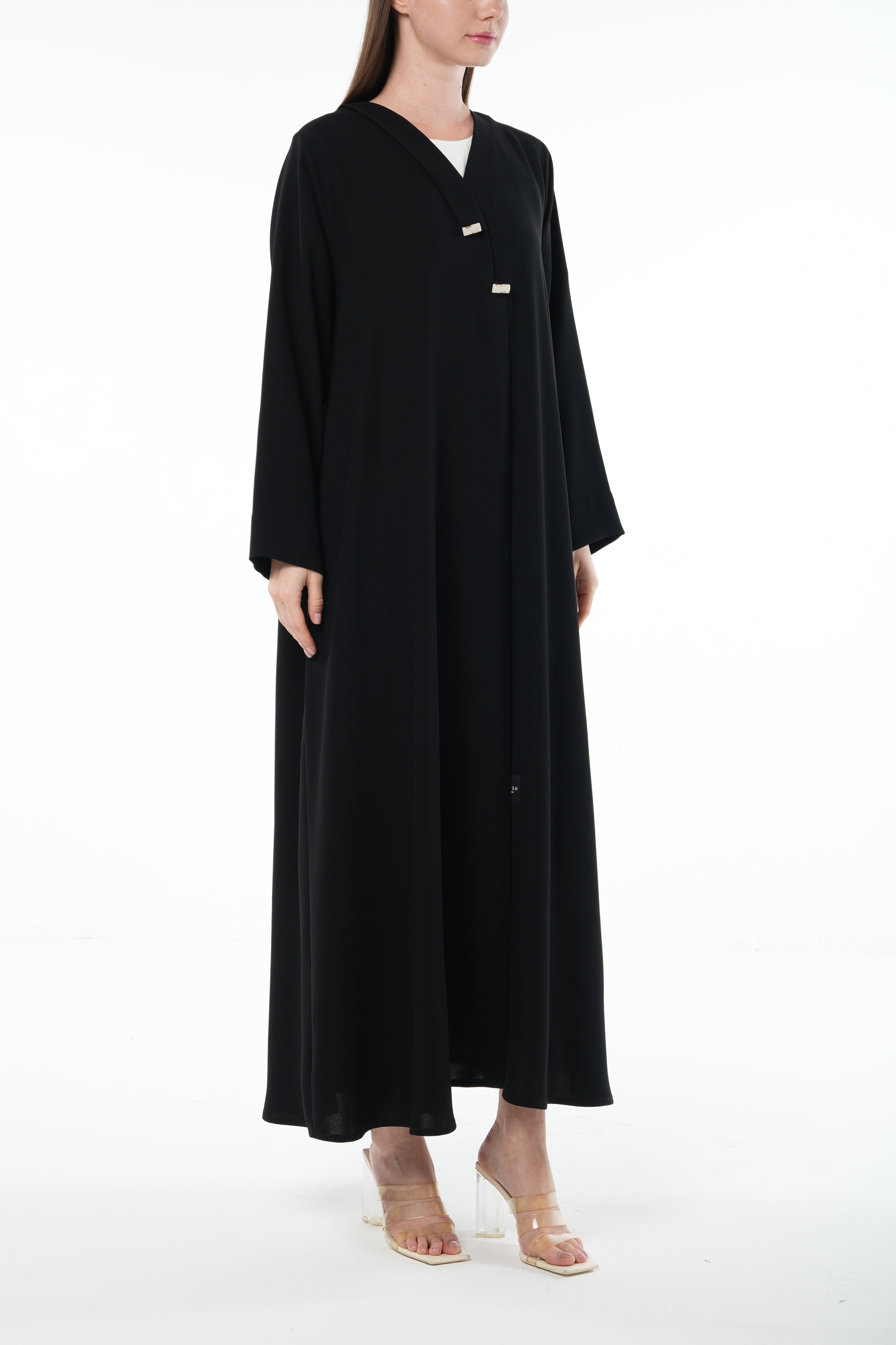 Black Wave Crepe Abaya with Overlap and Handwork Detail - Posh Abaya