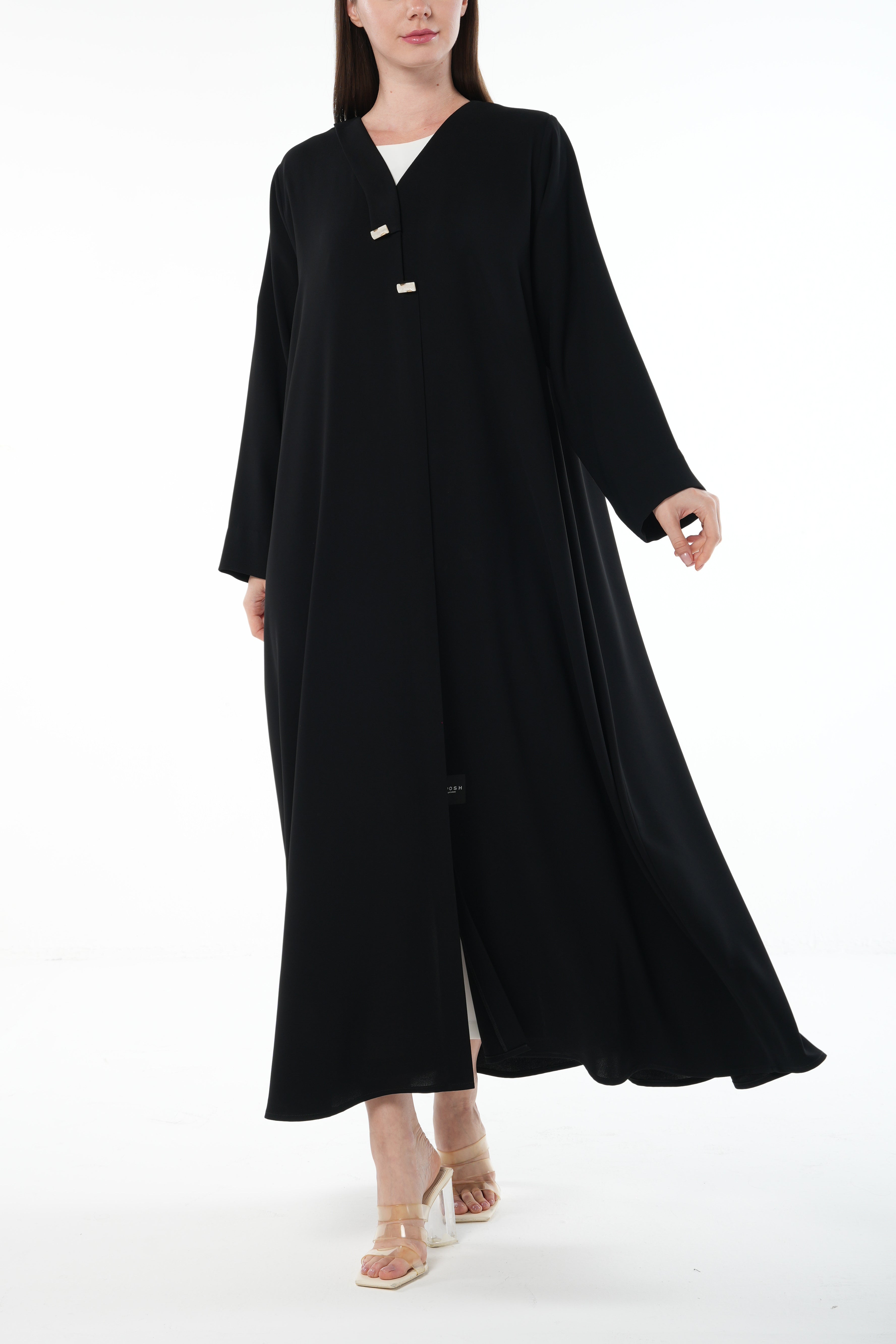 Black Wave Crepe Abaya with Overlap and Handwork Detail - Posh Abaya