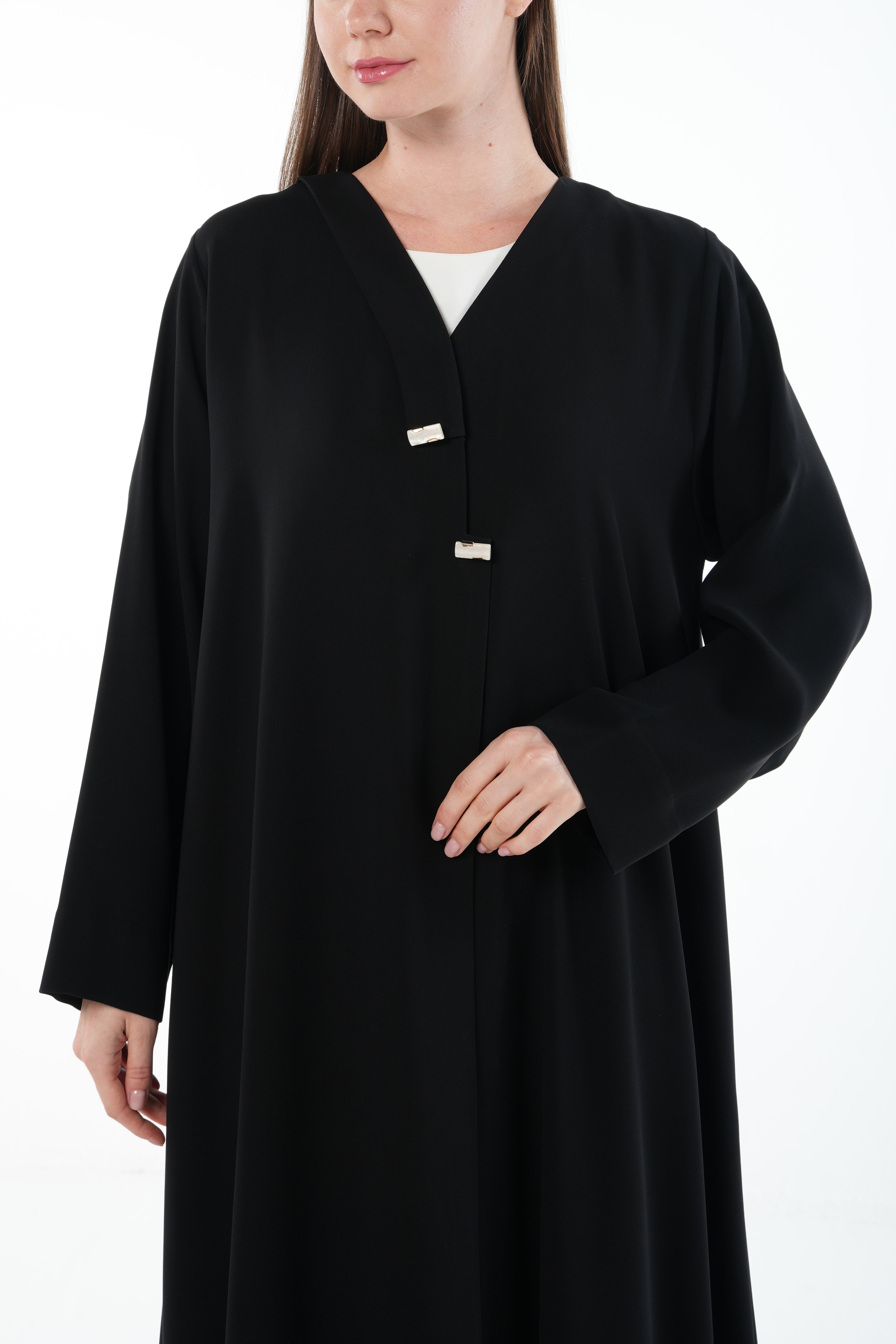 Black Wave Crepe Abaya with Overlap and Handwork Detail - Posh Abaya