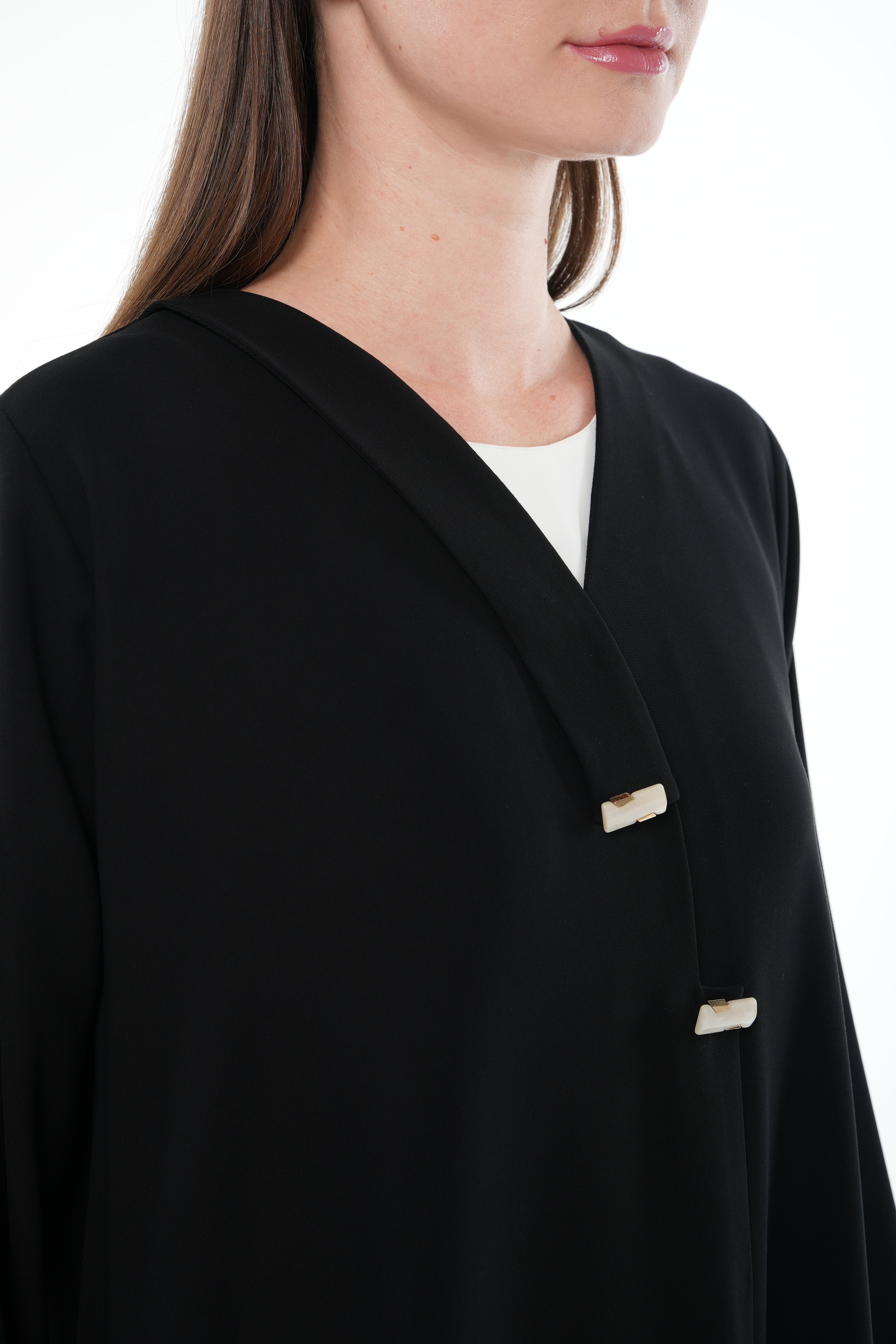 Black Wave Crepe Abaya with Overlap and Handwork Detail - Posh Abaya