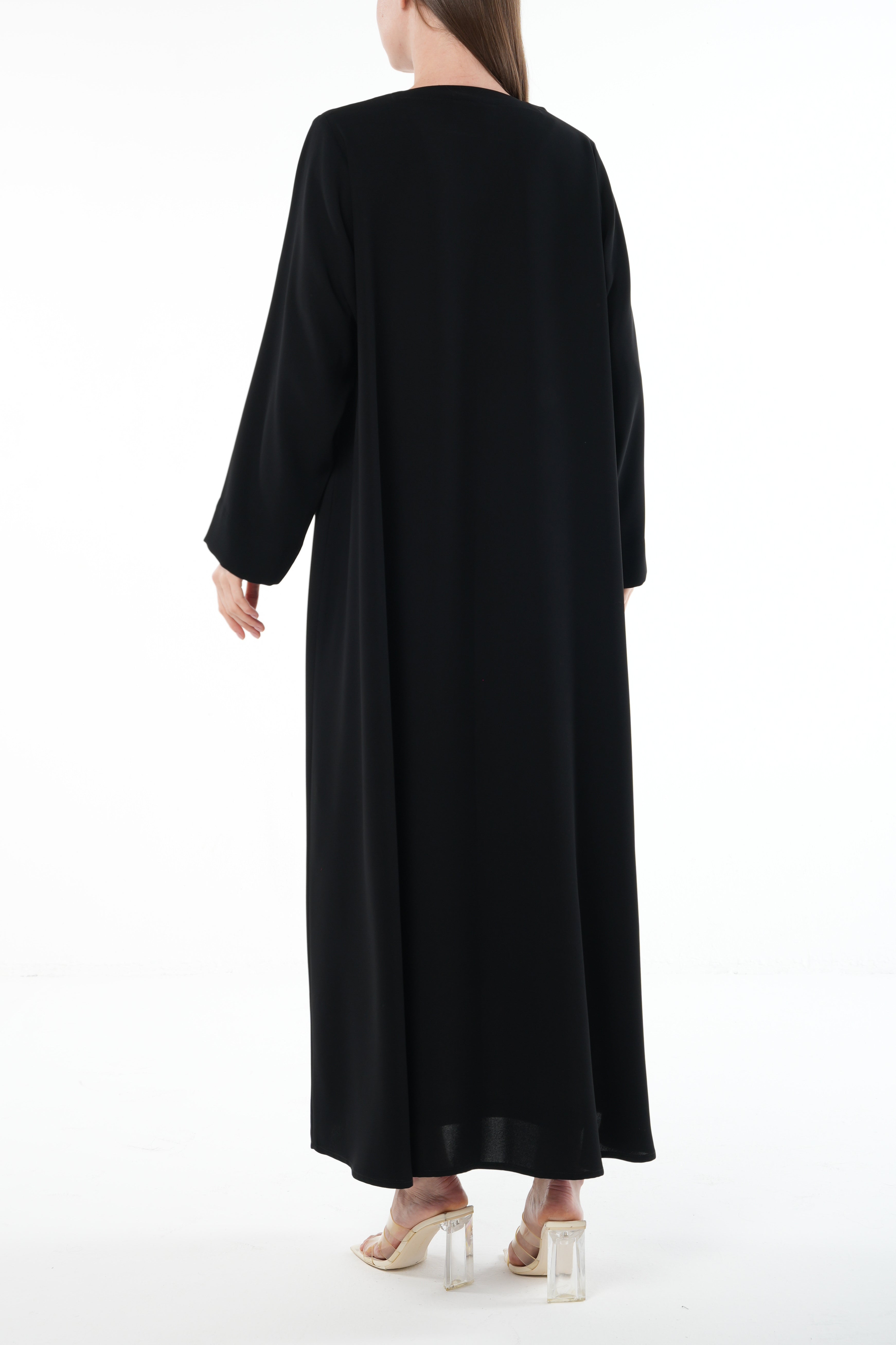 Black Wave Crepe Abaya with Overlap and Handwork Detail - Posh Abaya