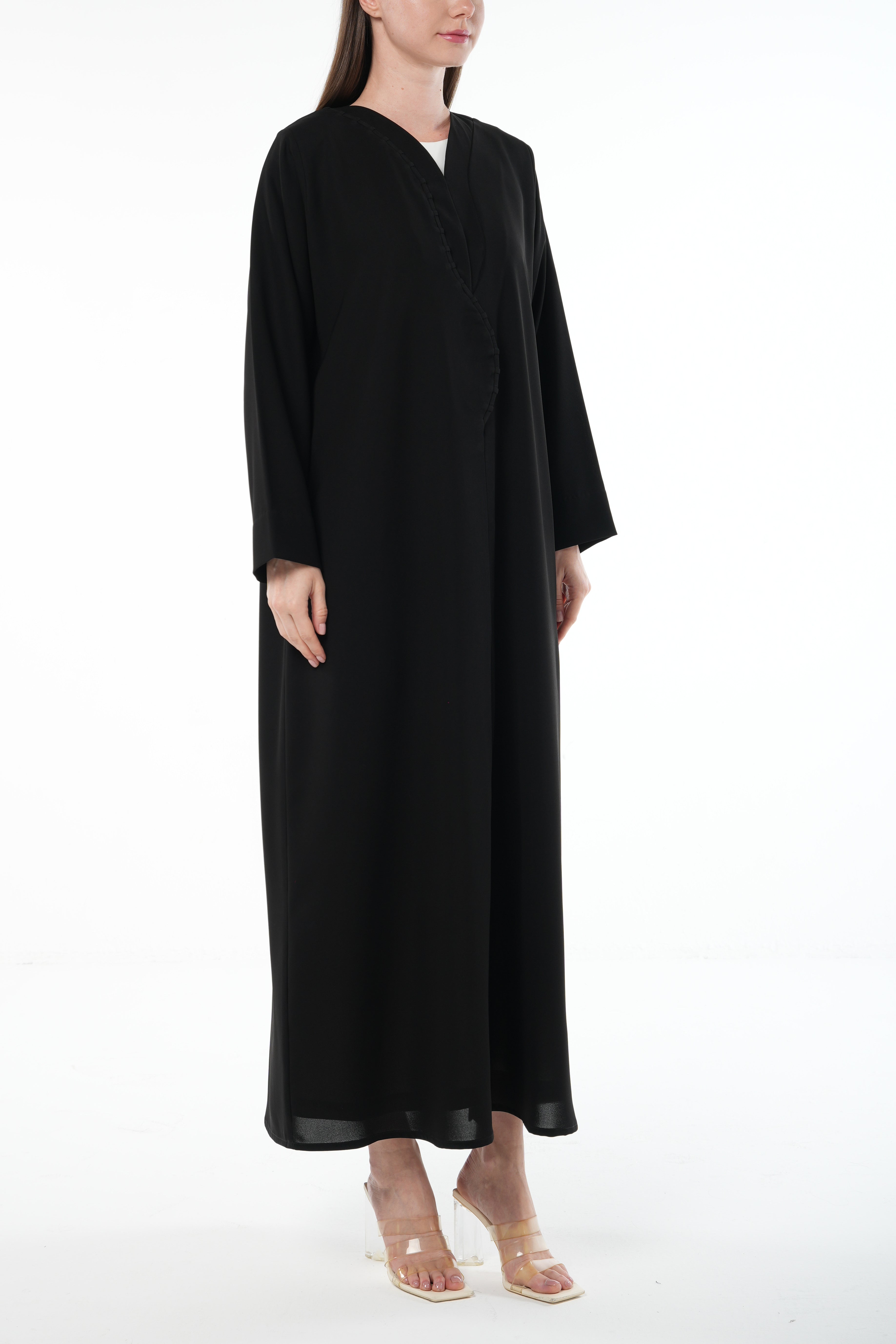 Black Nova Crepe Abaya with Curved Overlap and Pleat Detail - Posh Abaya