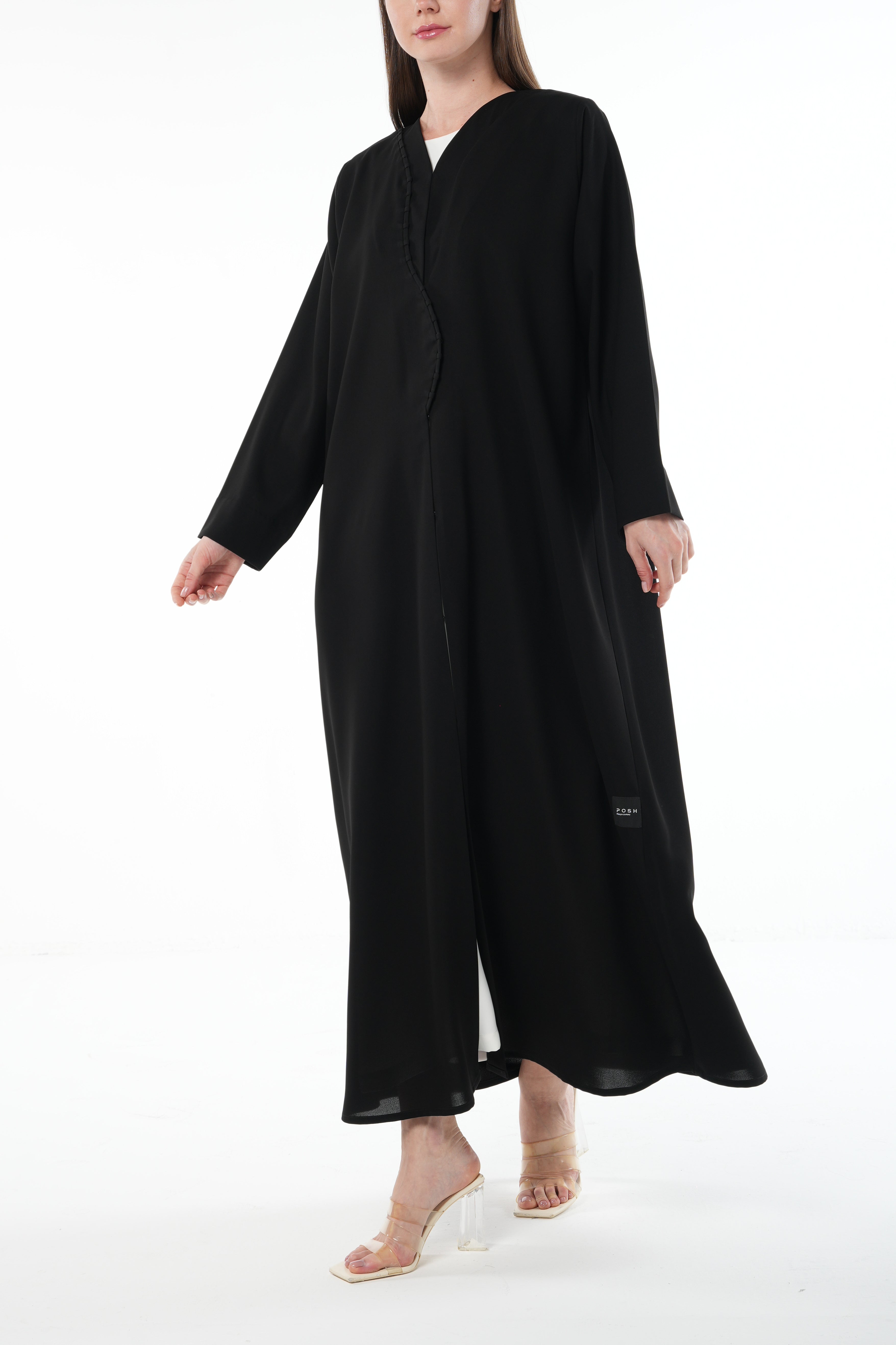 Black Nova Crepe Abaya with Curved Overlap and Pleat Detail - Posh Abaya