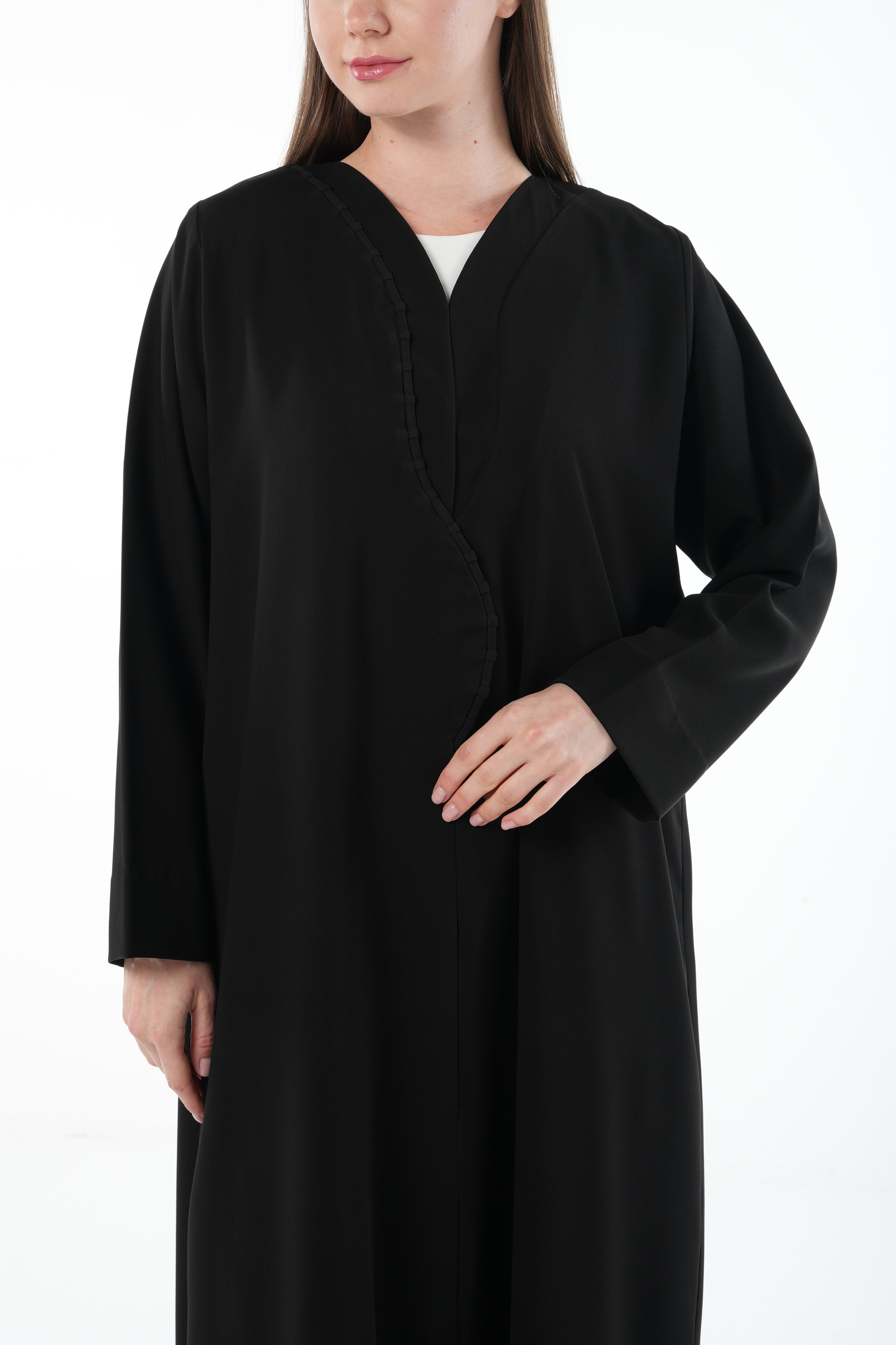 Black Nova Crepe Abaya with Curved Overlap and Pleat Detail - Posh Abaya