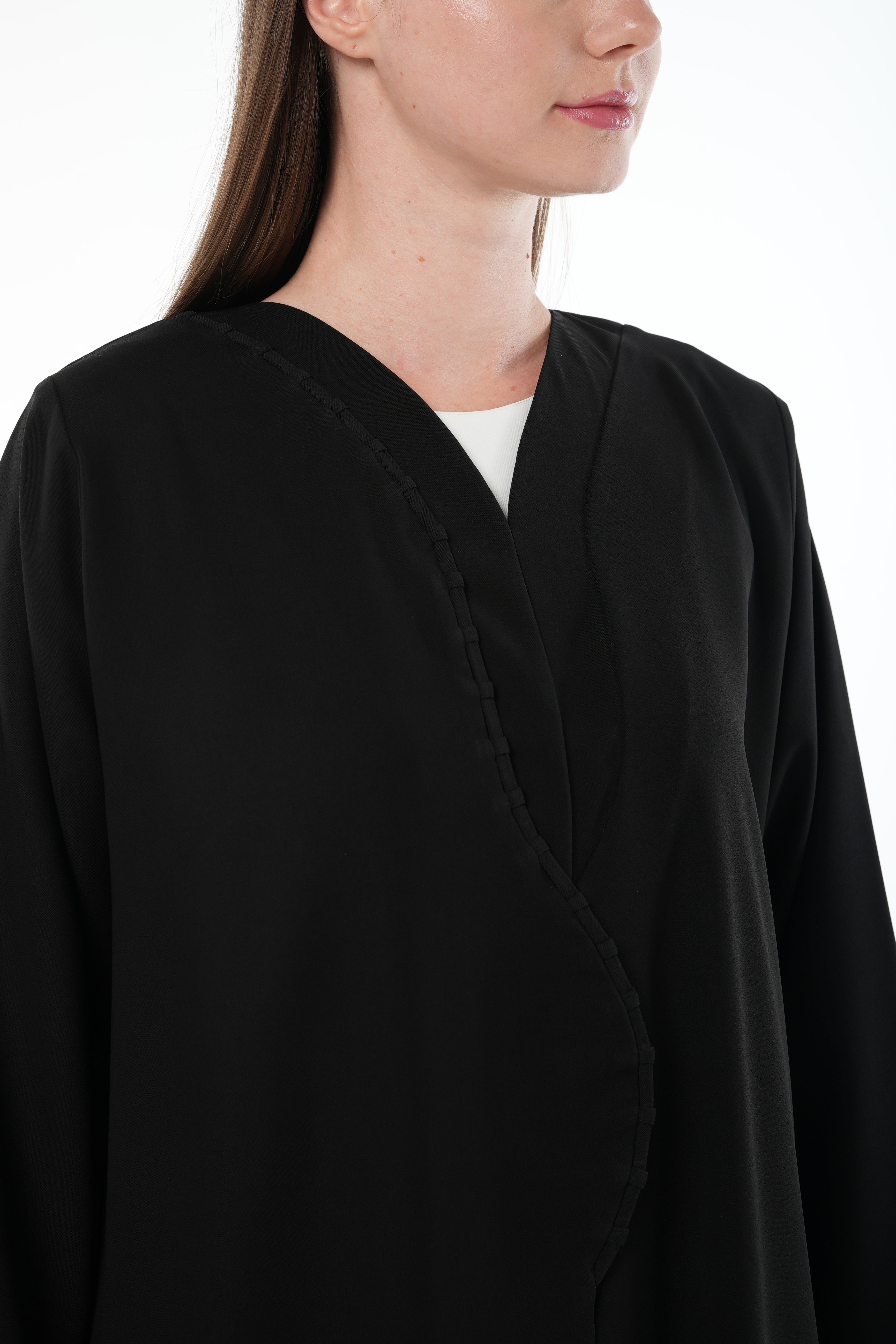 Black Nova Crepe Abaya with Curved Overlap and Pleat Detail - Posh Abaya