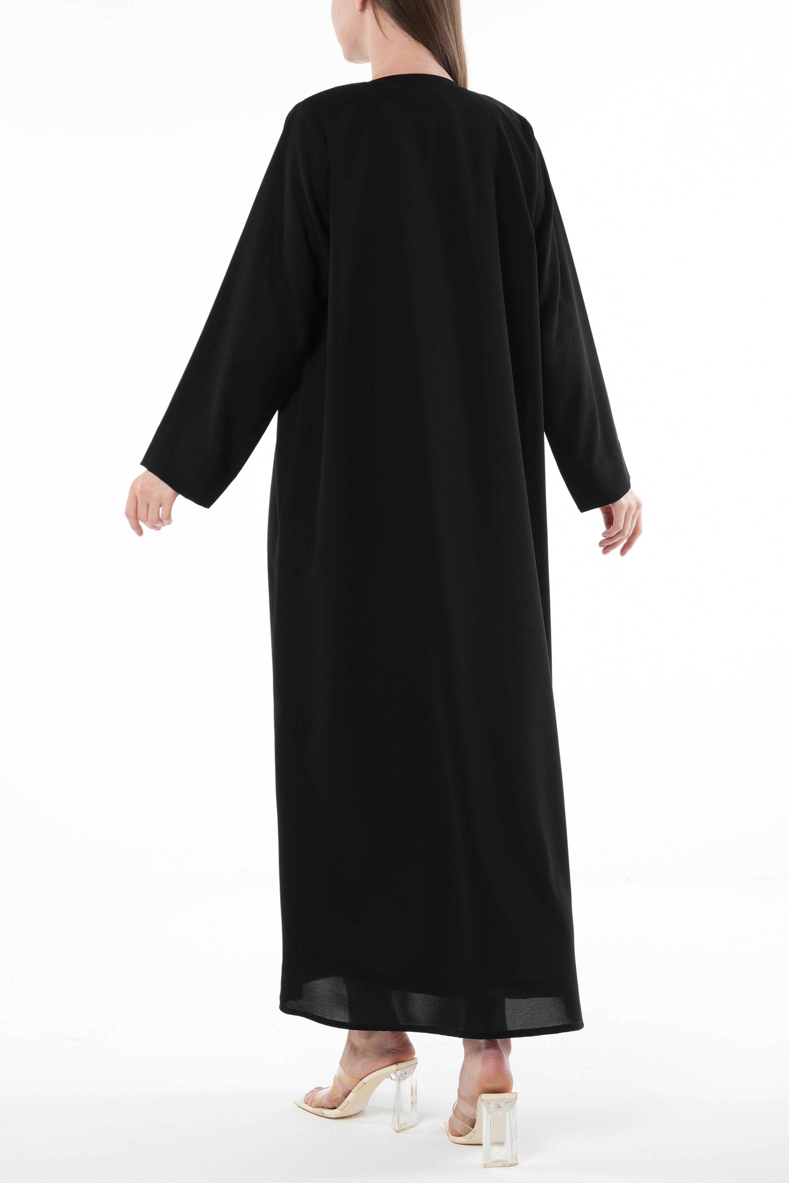 Black Nova Crepe Abaya with Curved Overlap and Pleat Detail - Posh Abaya