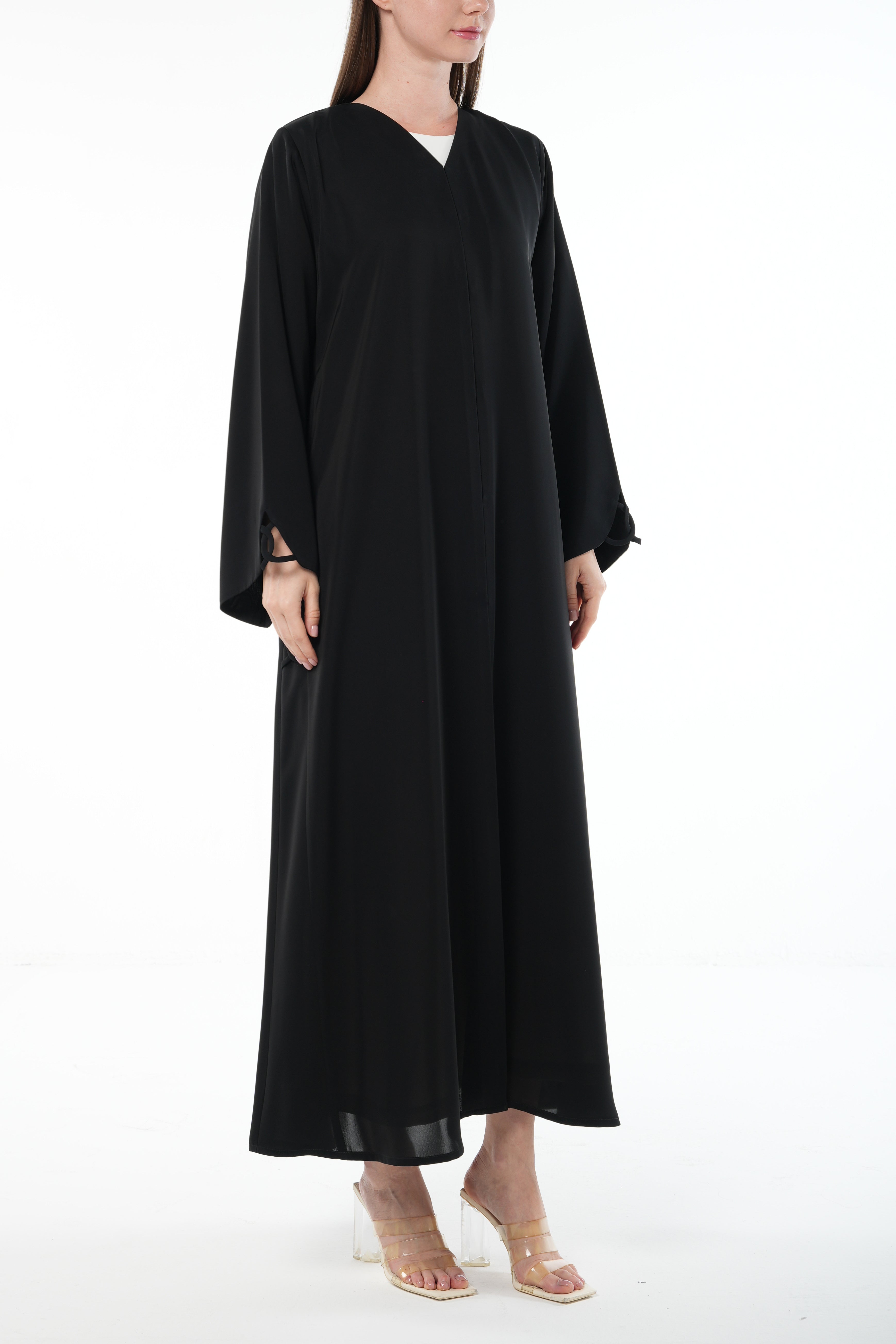 Black Mario Crepe Abaya with Side and Sleeve Knot Detail - Posh Abaya