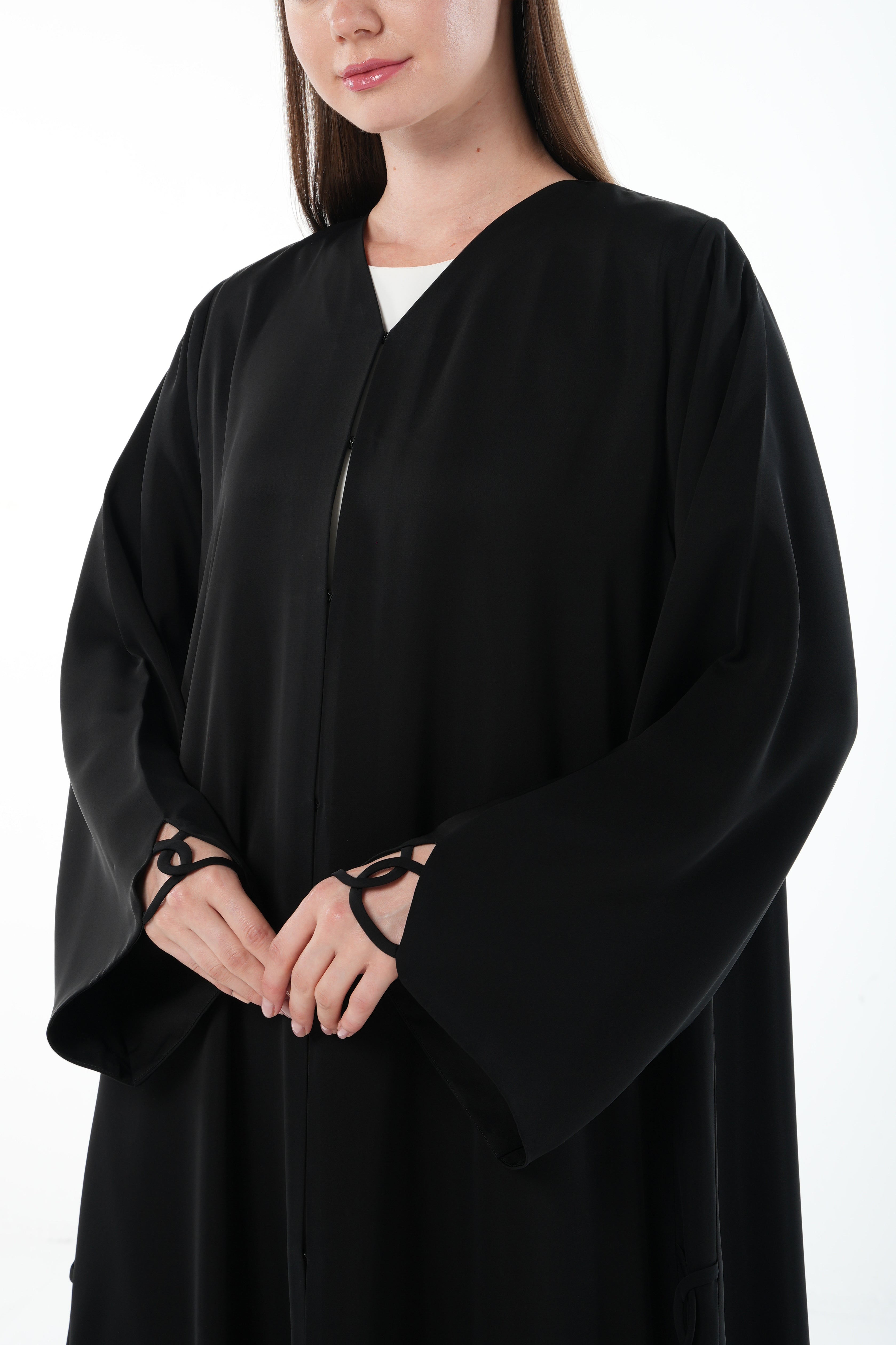 Black Mario Crepe Abaya with Side and Sleeve Knot Detail - Posh Abaya