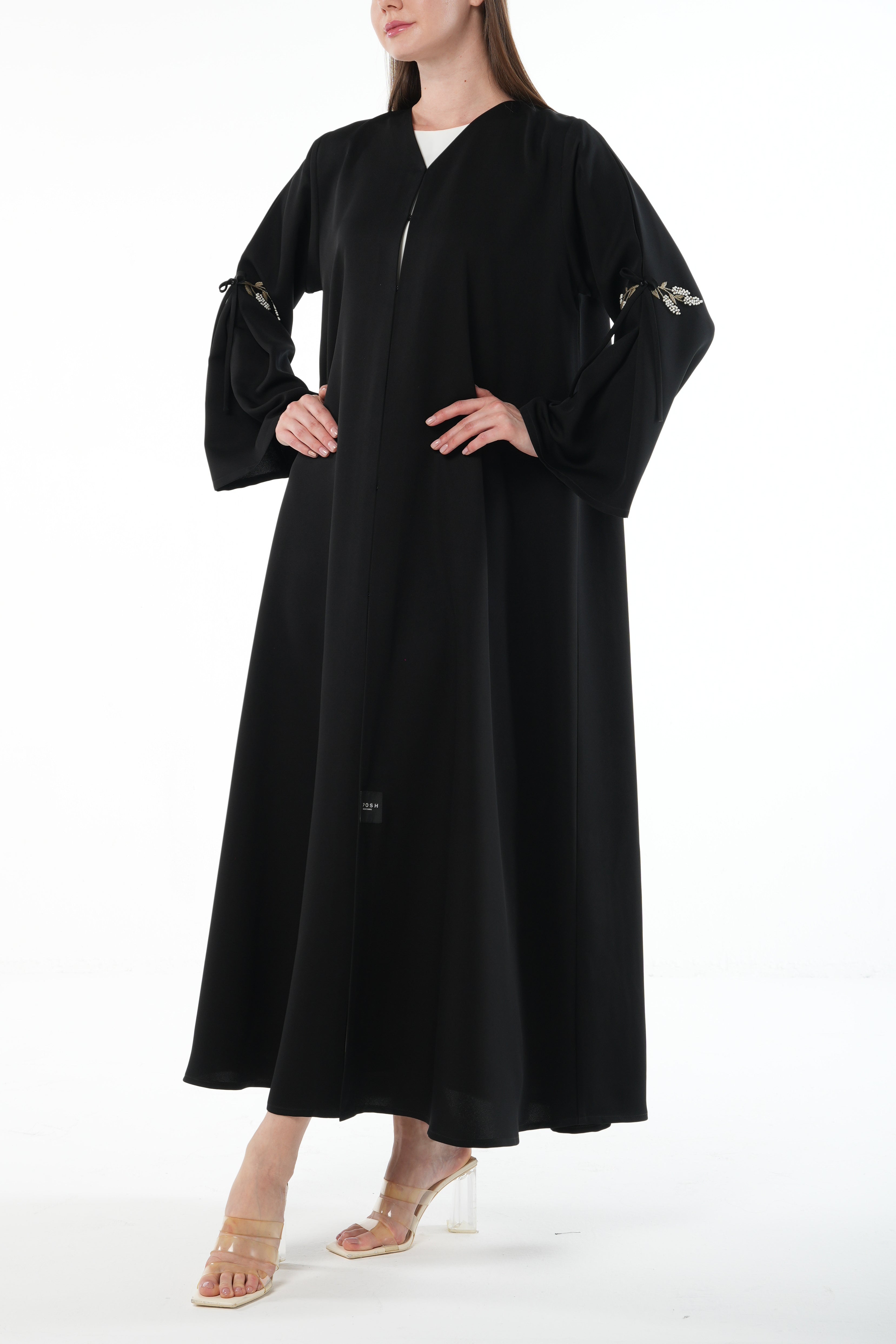 Black Emarati Crepe Abaya with Gold Sleeve Embroidery and Tie Finish - Posh Abaya
