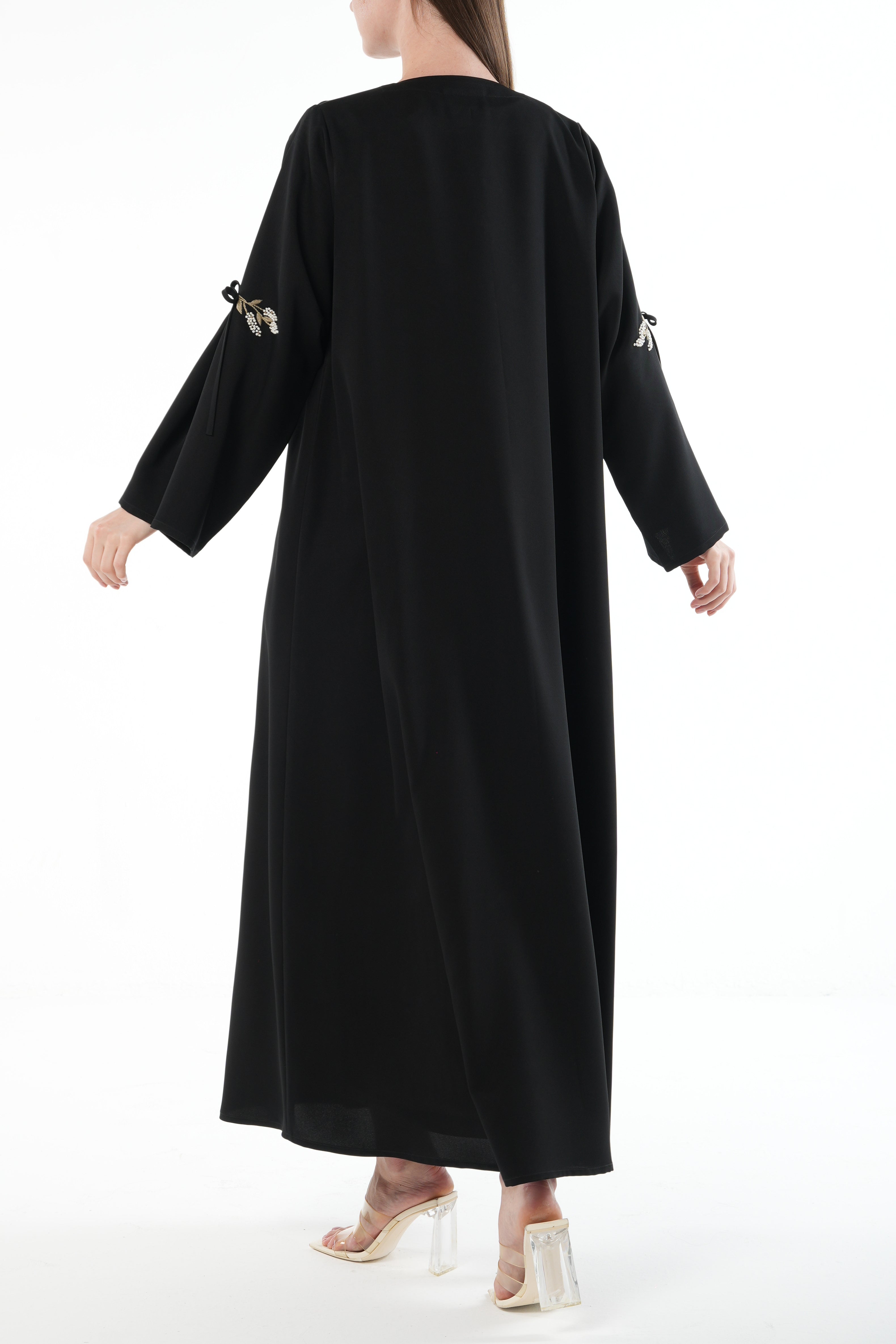 Black Emarati Crepe Abaya with Gold Sleeve Embroidery and Tie Finish - Posh Abaya
