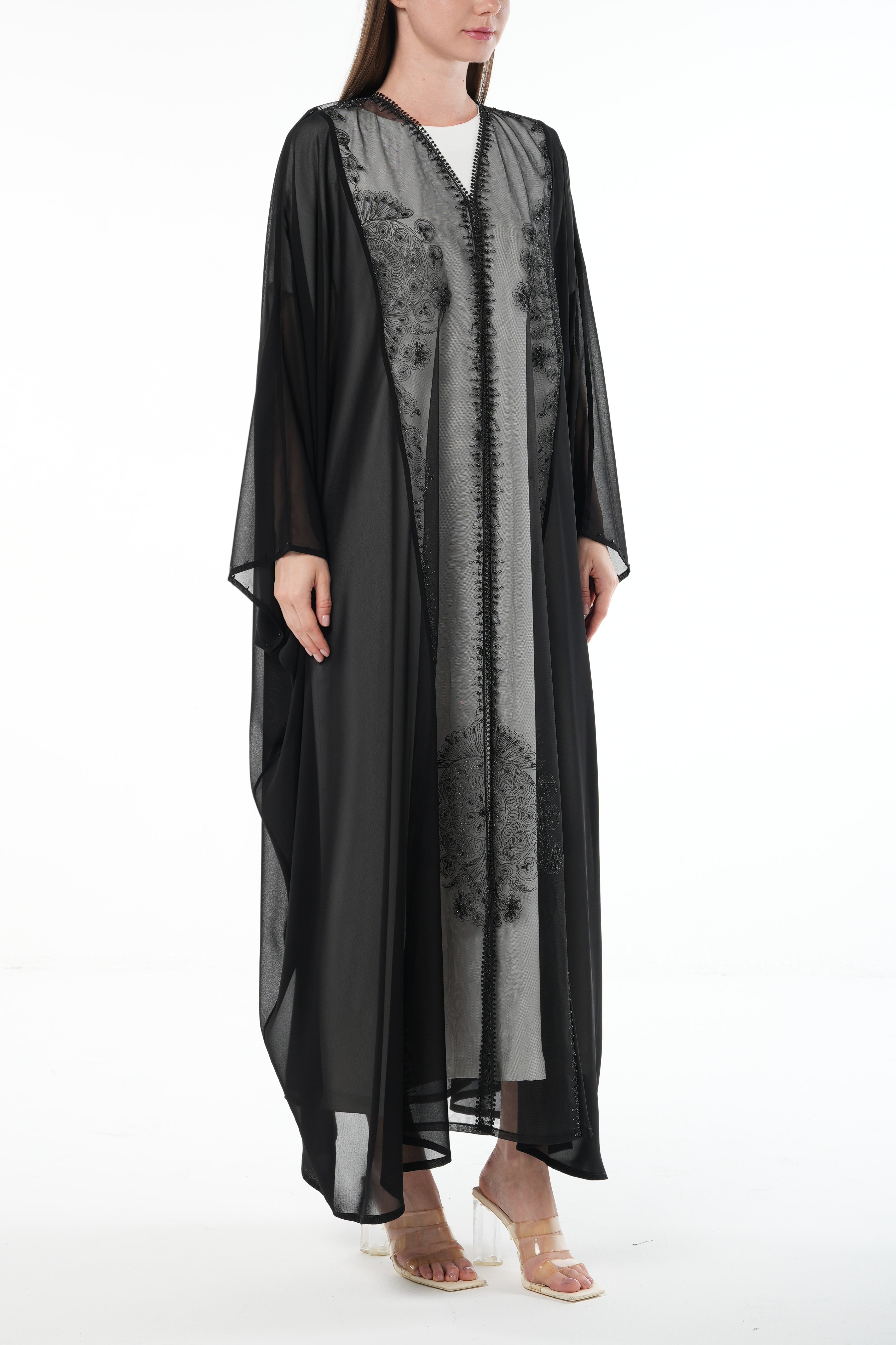 Black Malika Chiffon Abaya with Net Back Panel and Bead Embellishment - Posh Abaya