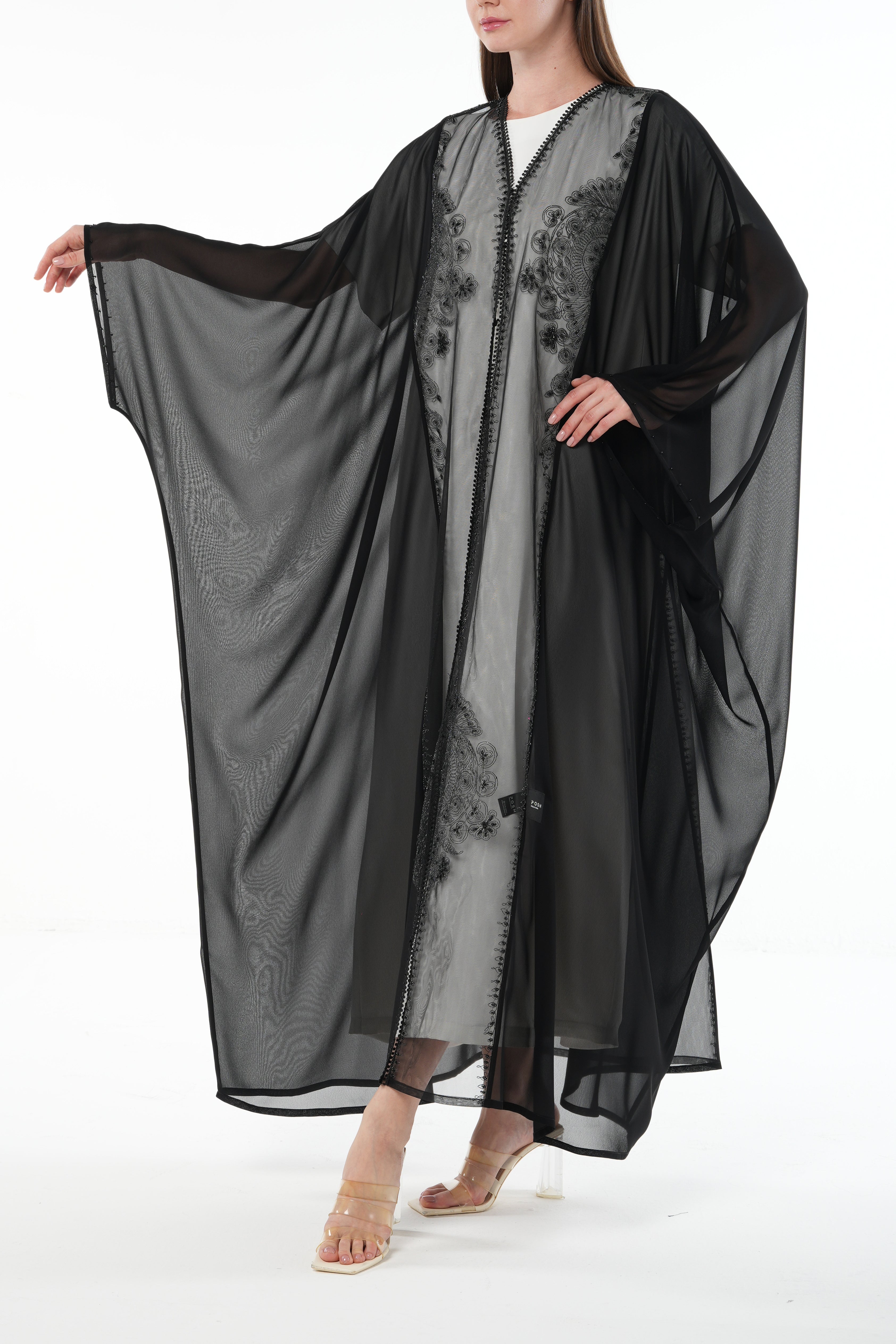 Black Malika Chiffon Abaya with Net Back Panel and Bead Embellishment - Posh Abaya