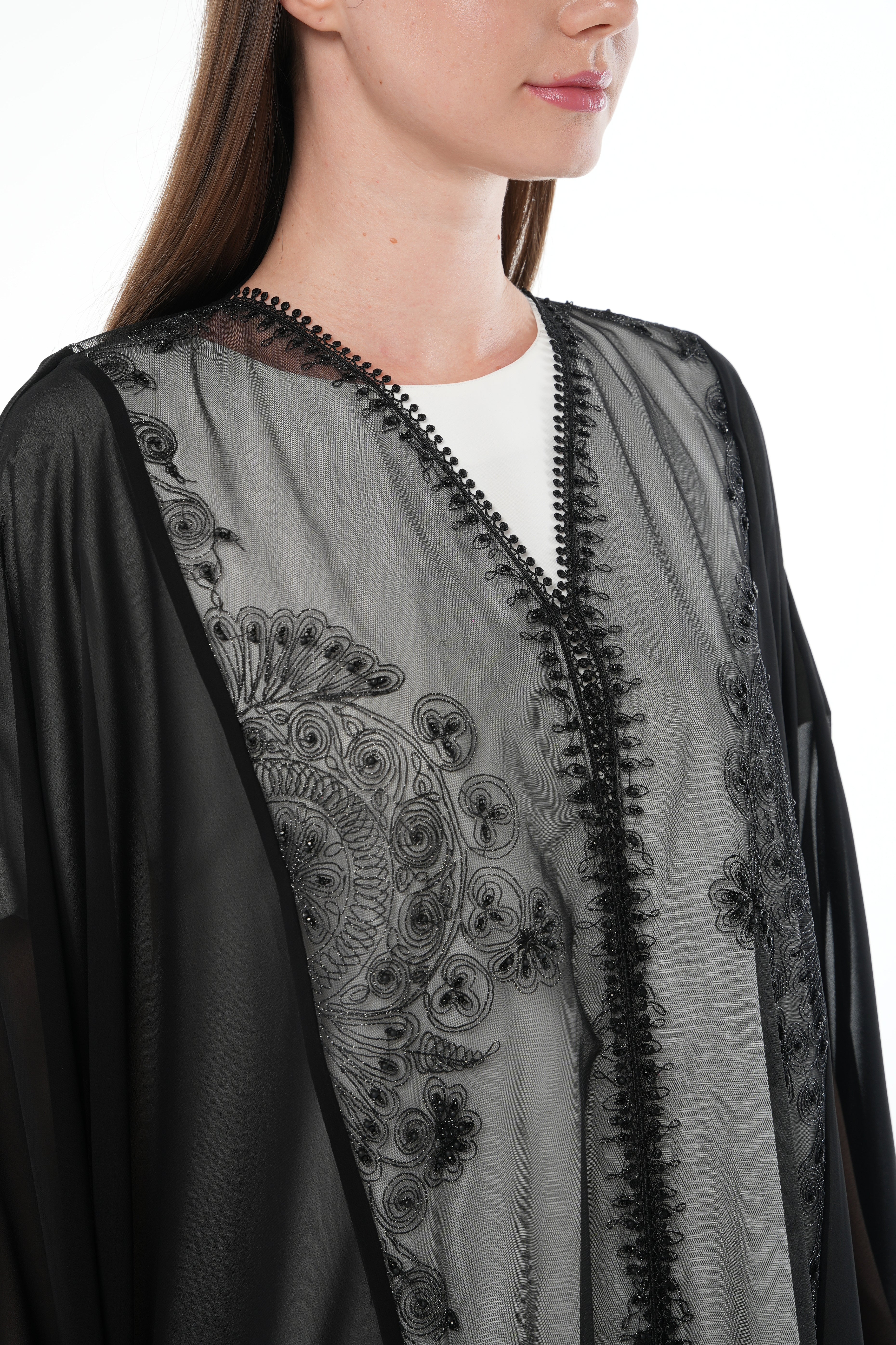 Black Malika Chiffon Abaya with Net Back Panel and Bead Embellishment - Posh Abaya
