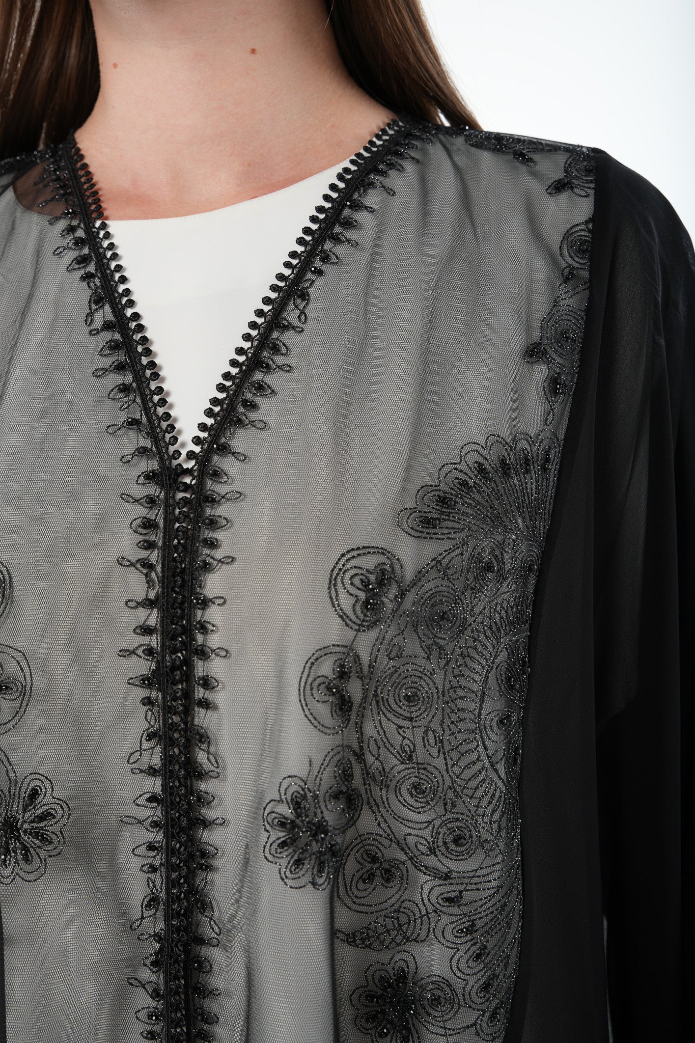 Black Malika Chiffon Abaya with Net Back Panel and Bead Embellishment - Posh Abaya