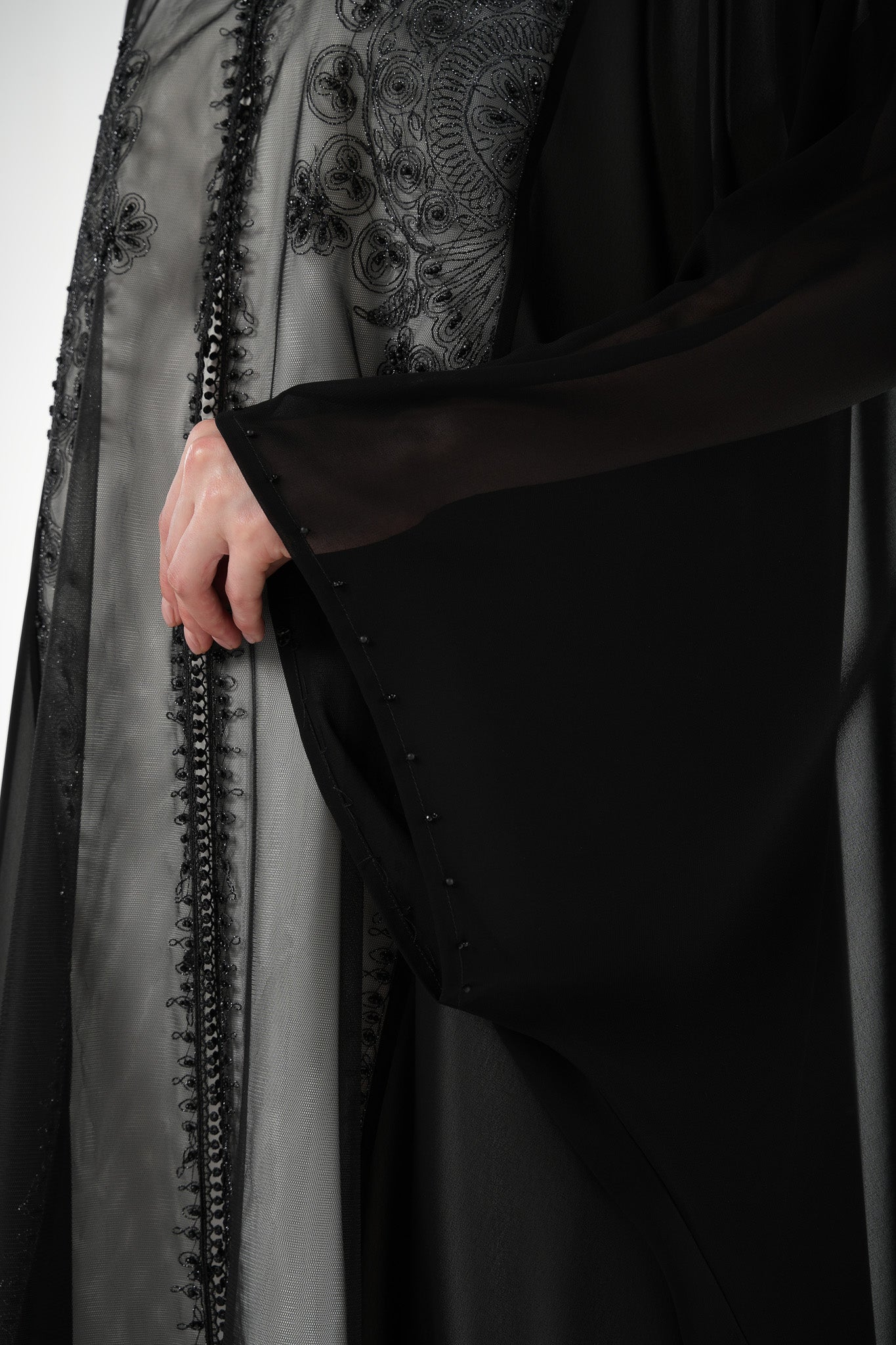 Black Malika Chiffon Abaya with Net Back Panel and Bead Embellishment - Posh Abaya