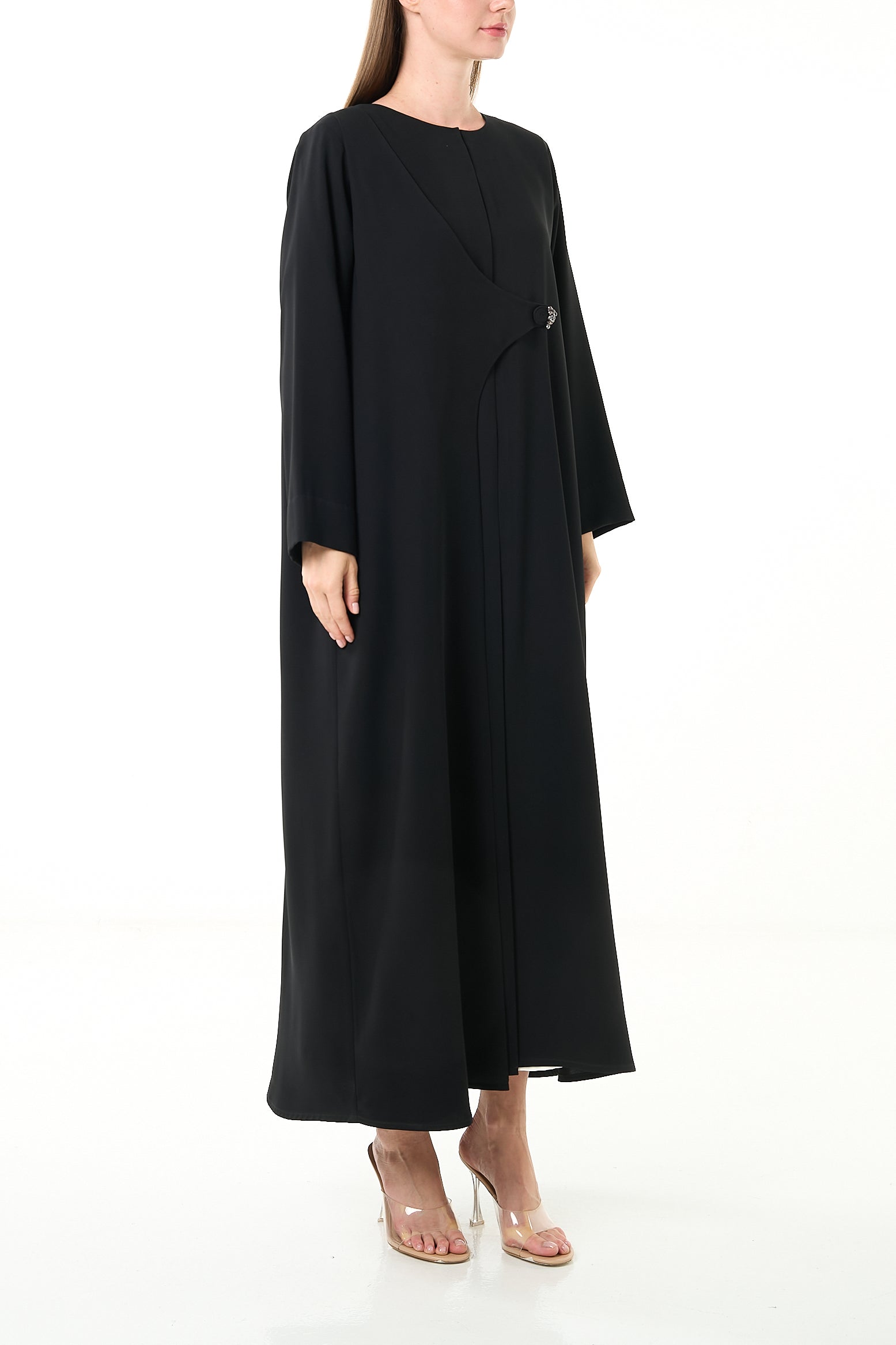 Black Farah Crepe Abaya with Asymmetrical Closure - Posh Abaya