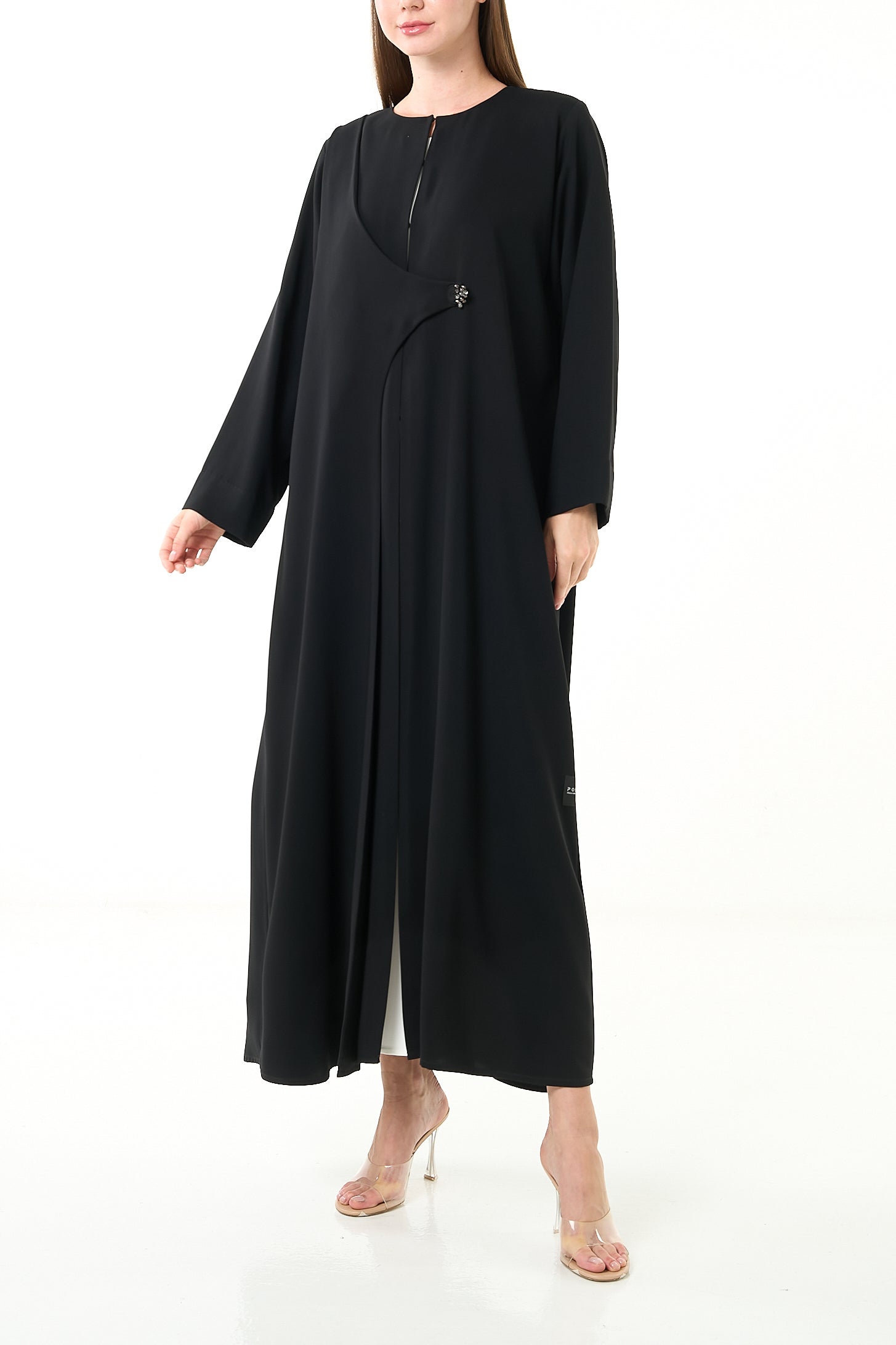 Black Farah Crepe Abaya with Asymmetrical Closure - Posh Abaya