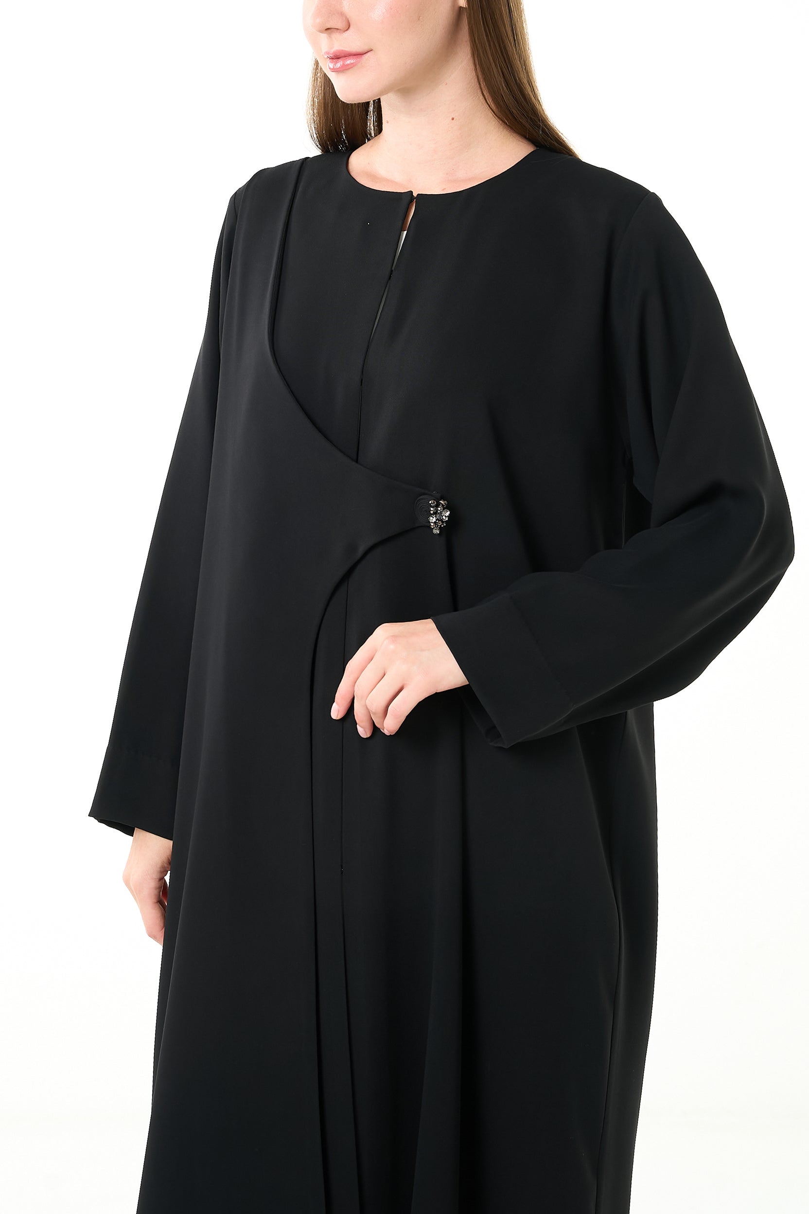 Black Farah Crepe Abaya with Asymmetrical Closure - Posh Abaya