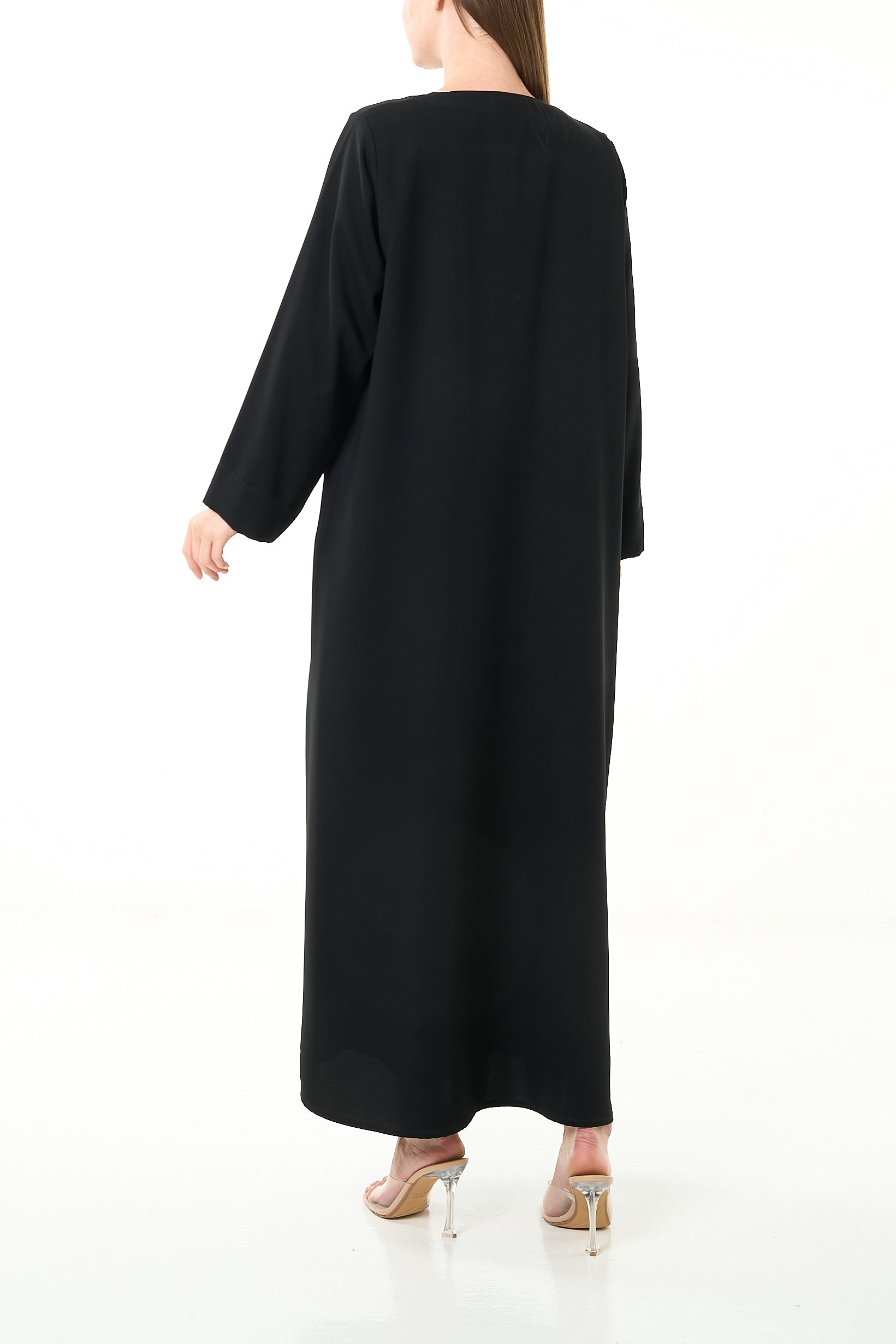 Black Farah Crepe Abaya with Asymmetrical Closure - Posh Abaya