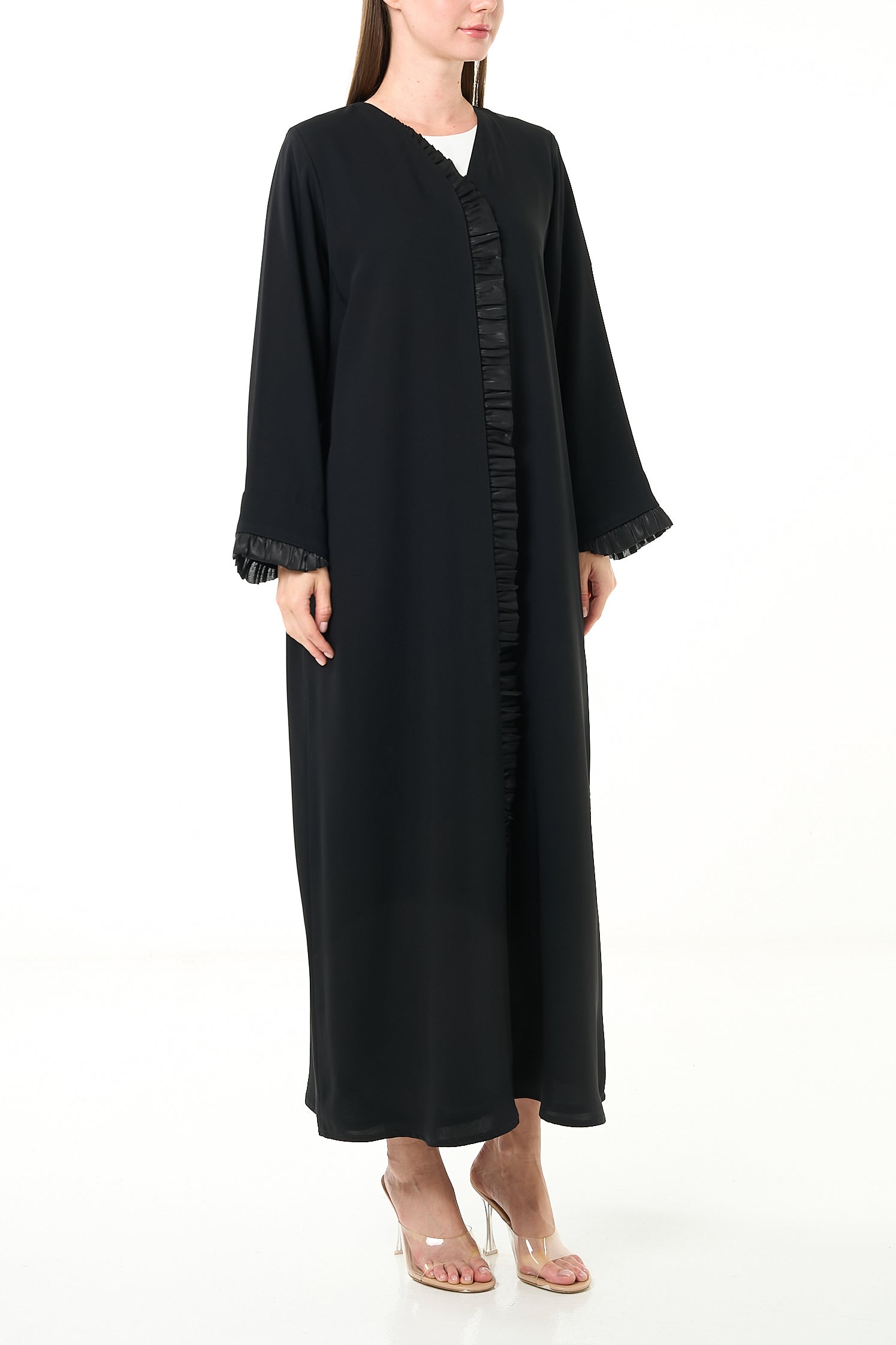 Black Layan Crepe Abaya with Organza Ruffle Detail - Posh Abaya