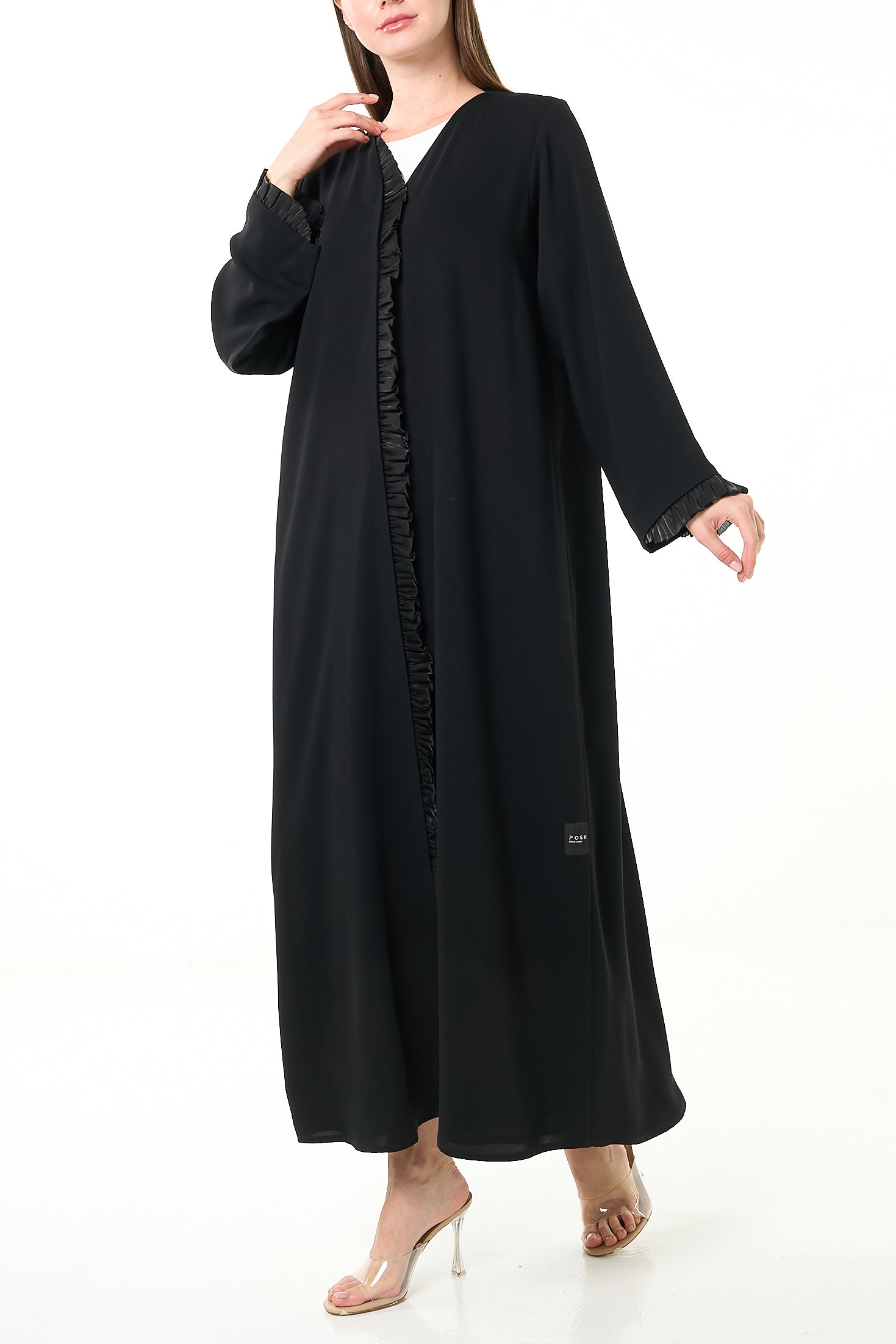 Black Layan Crepe Abaya with Organza Ruffle Detail - Posh Abaya