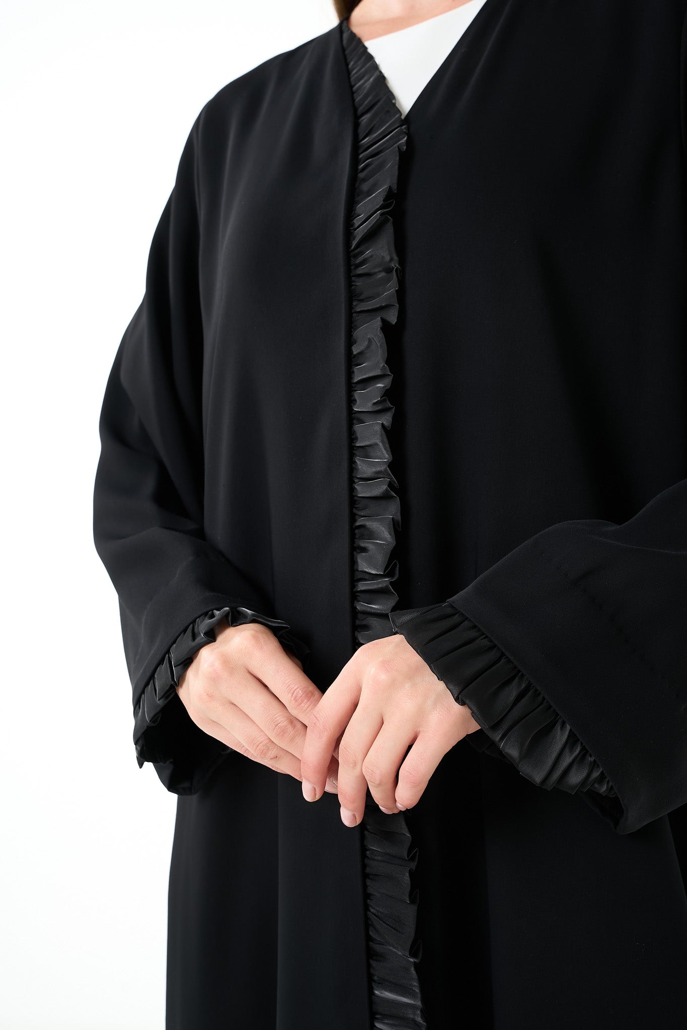Black Layan Crepe Abaya with Organza Ruffle Detail - Posh Abaya