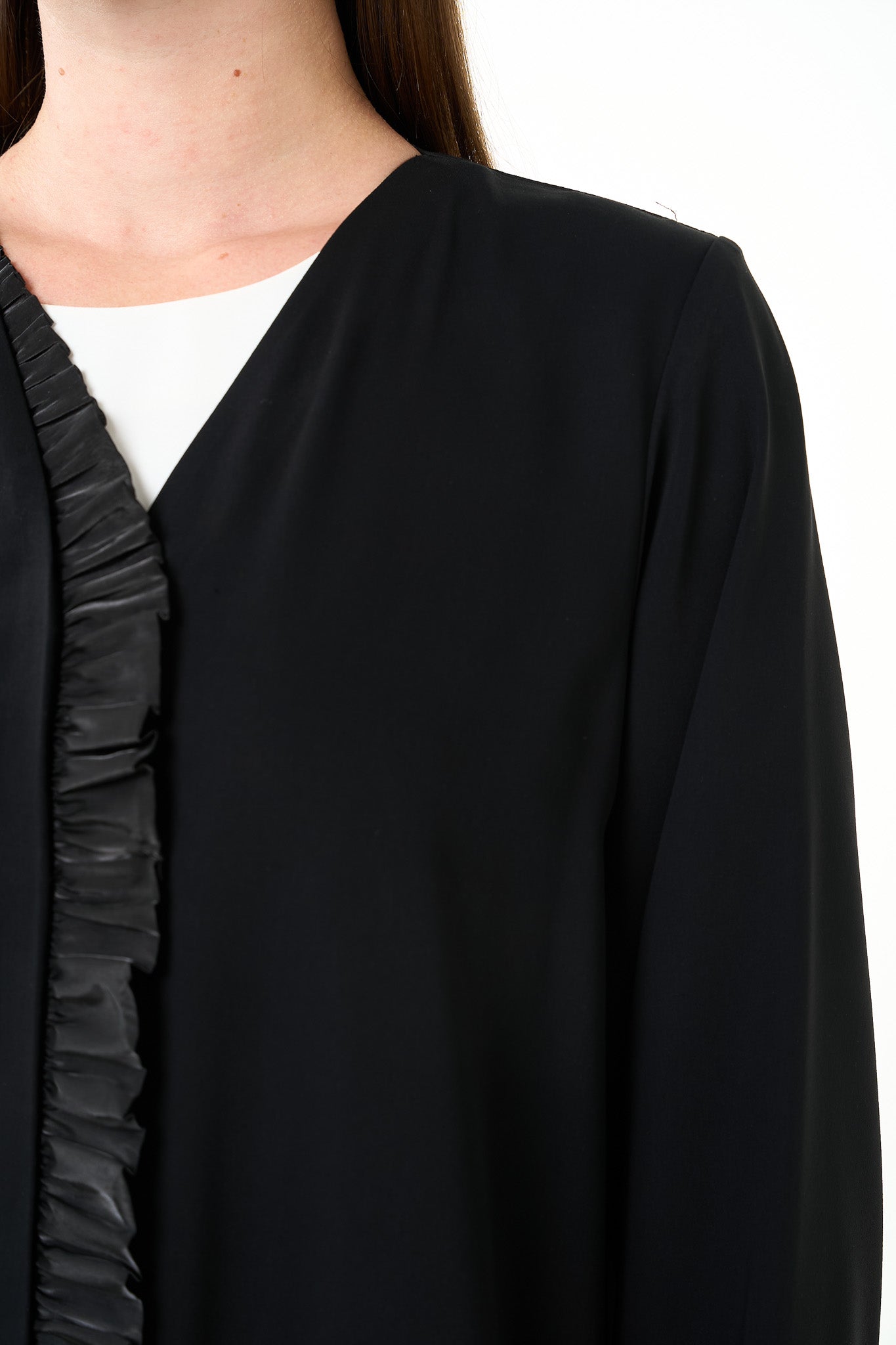 Black Layan Crepe Abaya with Organza Ruffle Detail - Posh Abaya