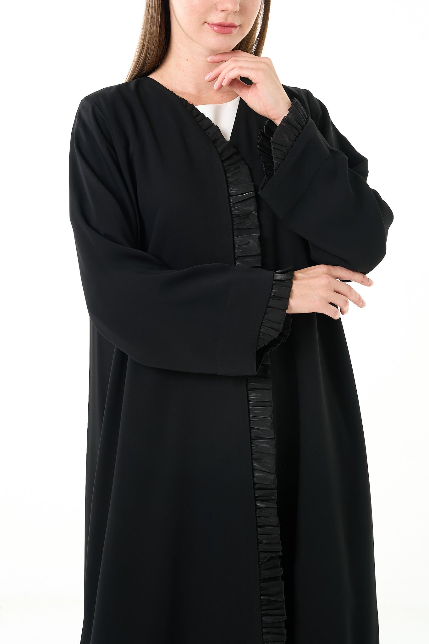 Black Layan Crepe Abaya with Organza Ruffle Detail - Posh Abaya