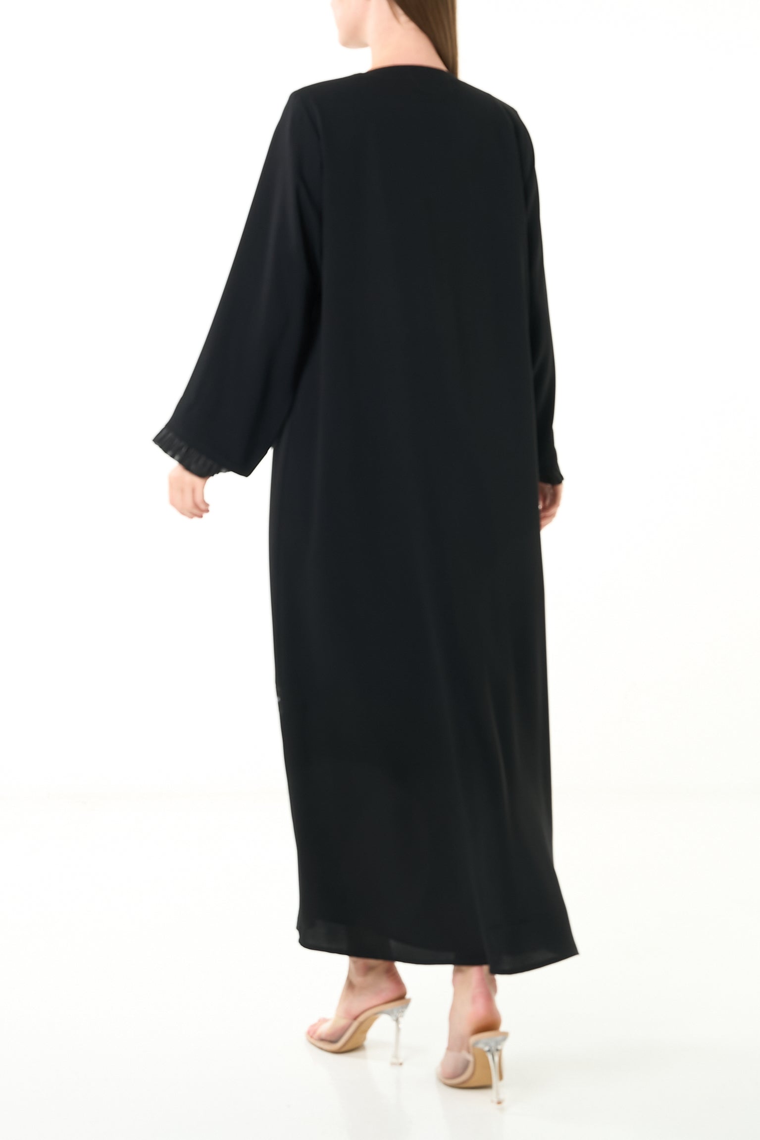Black Layan Crepe Abaya with Organza Ruffle Detail - Posh Abaya